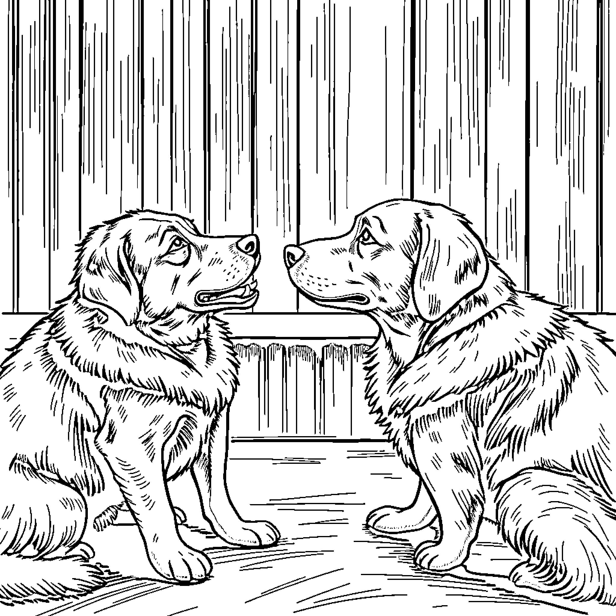 Dog Friends Facing Each Other in Rain Coloring Page (free black-and-white line drawing printable PDF for all, from beginners to advanced learners, including children, teens, adults, and seniors)