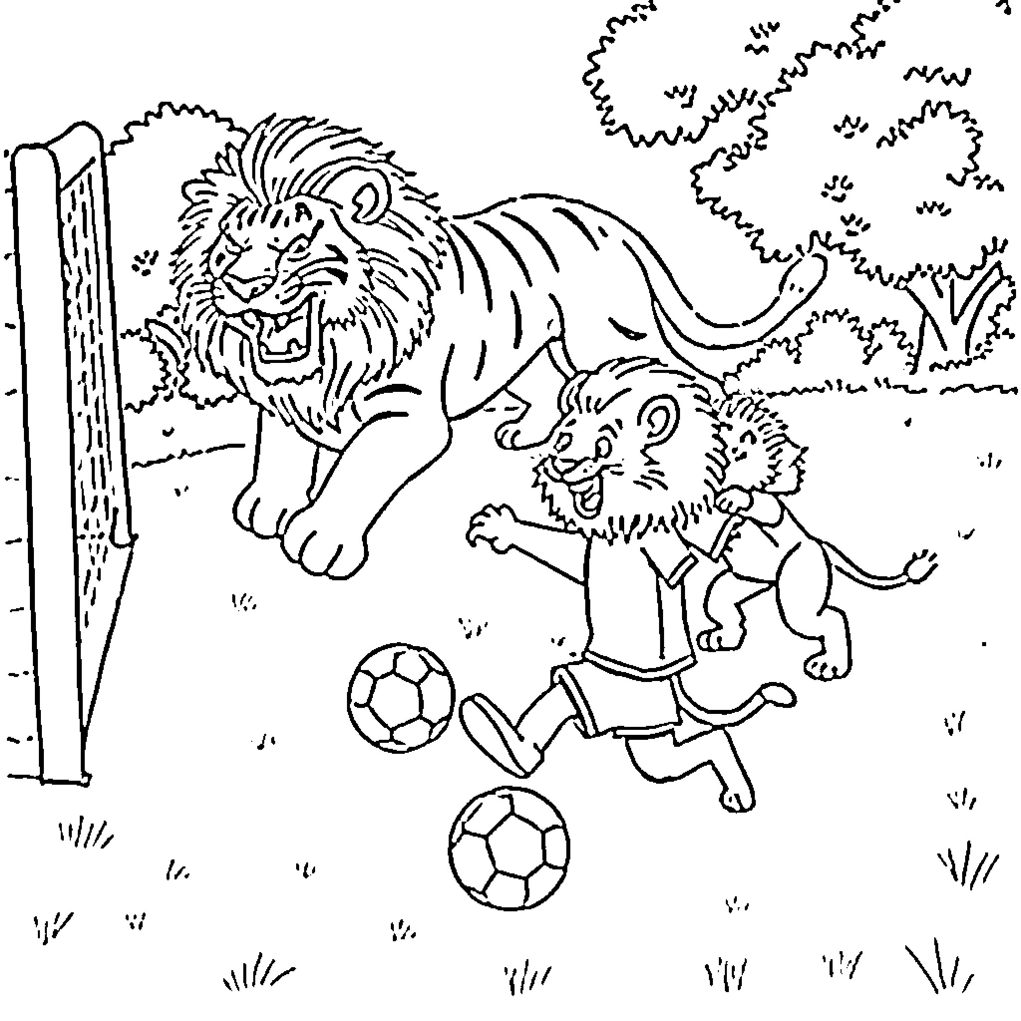 Lion chasing children playing soccer in the wild Coloring Page (free black-and-white line drawing printable PDF for all, from beginners to advanced learners, including children, teens, adults, and seniors)