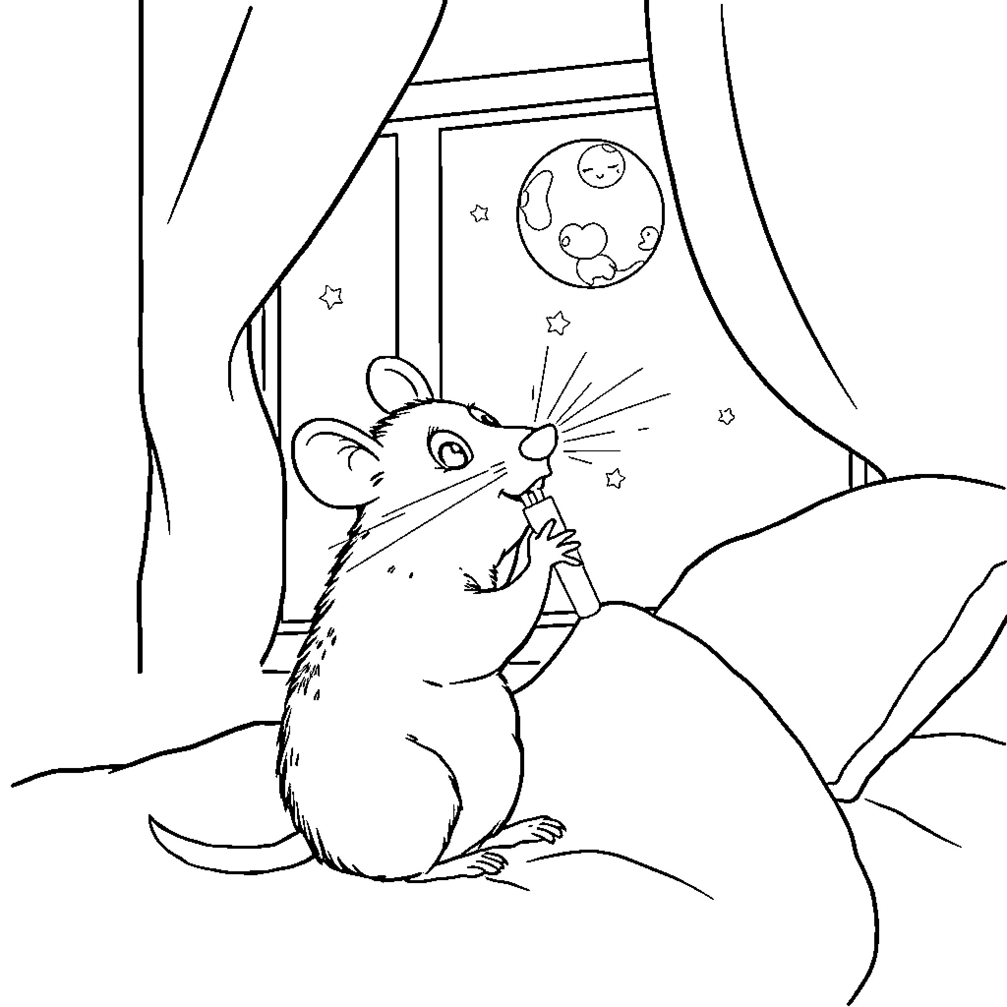 Ratón observando la luna brillante desde la ventana Coloring Page (free black-and-white line drawing printable PDF for all, from beginners to advanced learners, including children, teens, adults, and seniors)