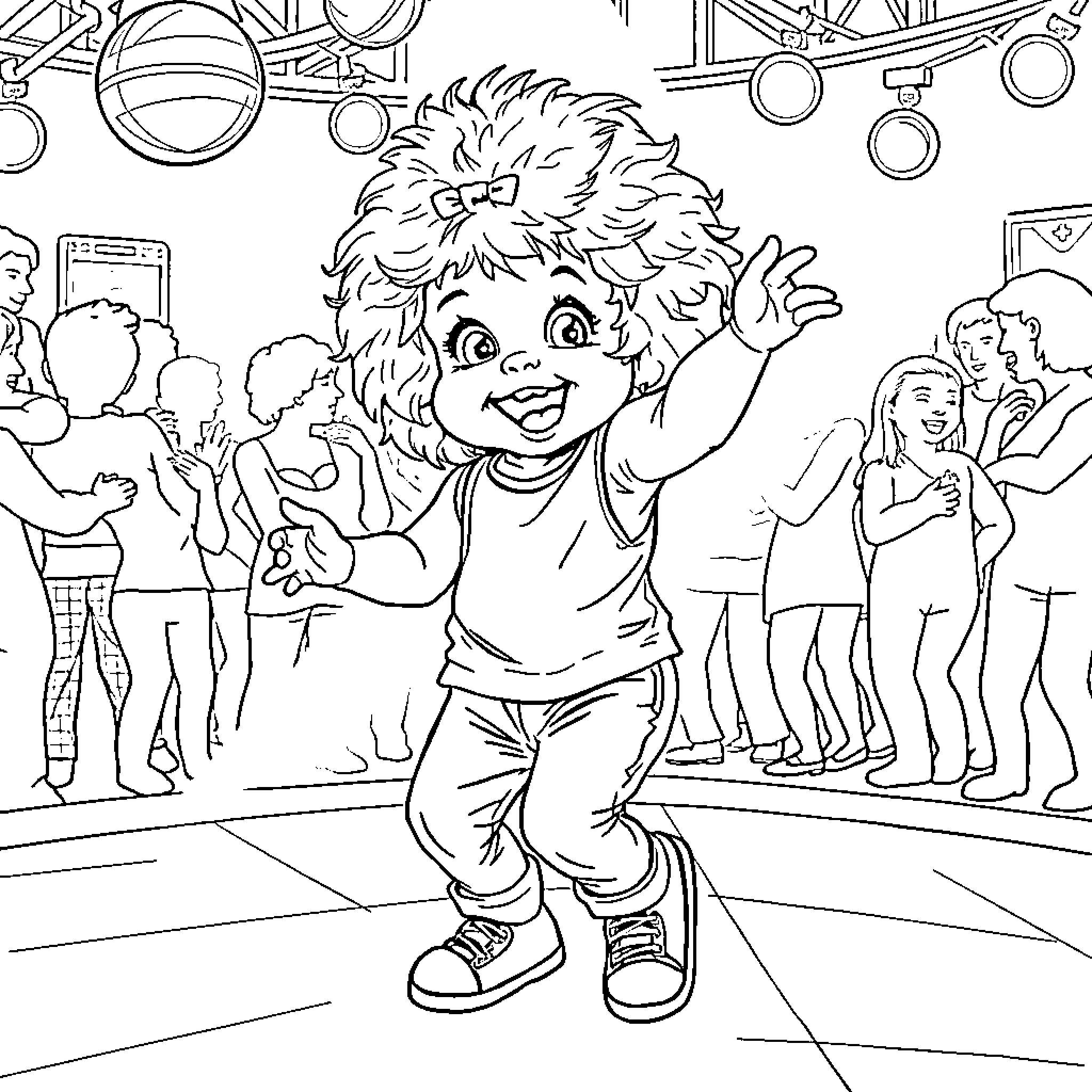Baby dancing joyfully at a party Coloring Page (free black-and-white line drawing printable PDF for all, from beginners to advanced learners, including children, teens, adults, and seniors)