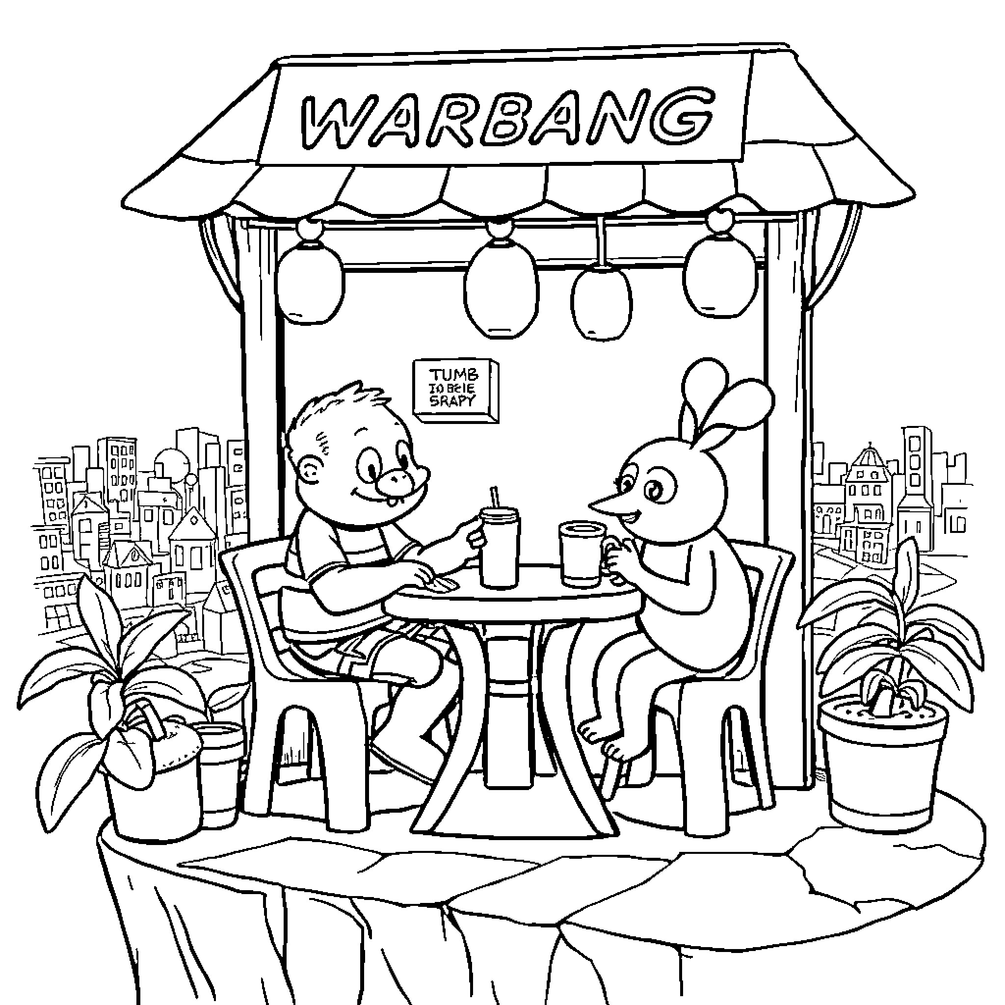 Warung with Friendly Characters Enjoying Refreshments Coloring Page (free black-and-white line drawing printable PDF for all, from beginners to advanced learners, including children, teens, adults, and seniors)