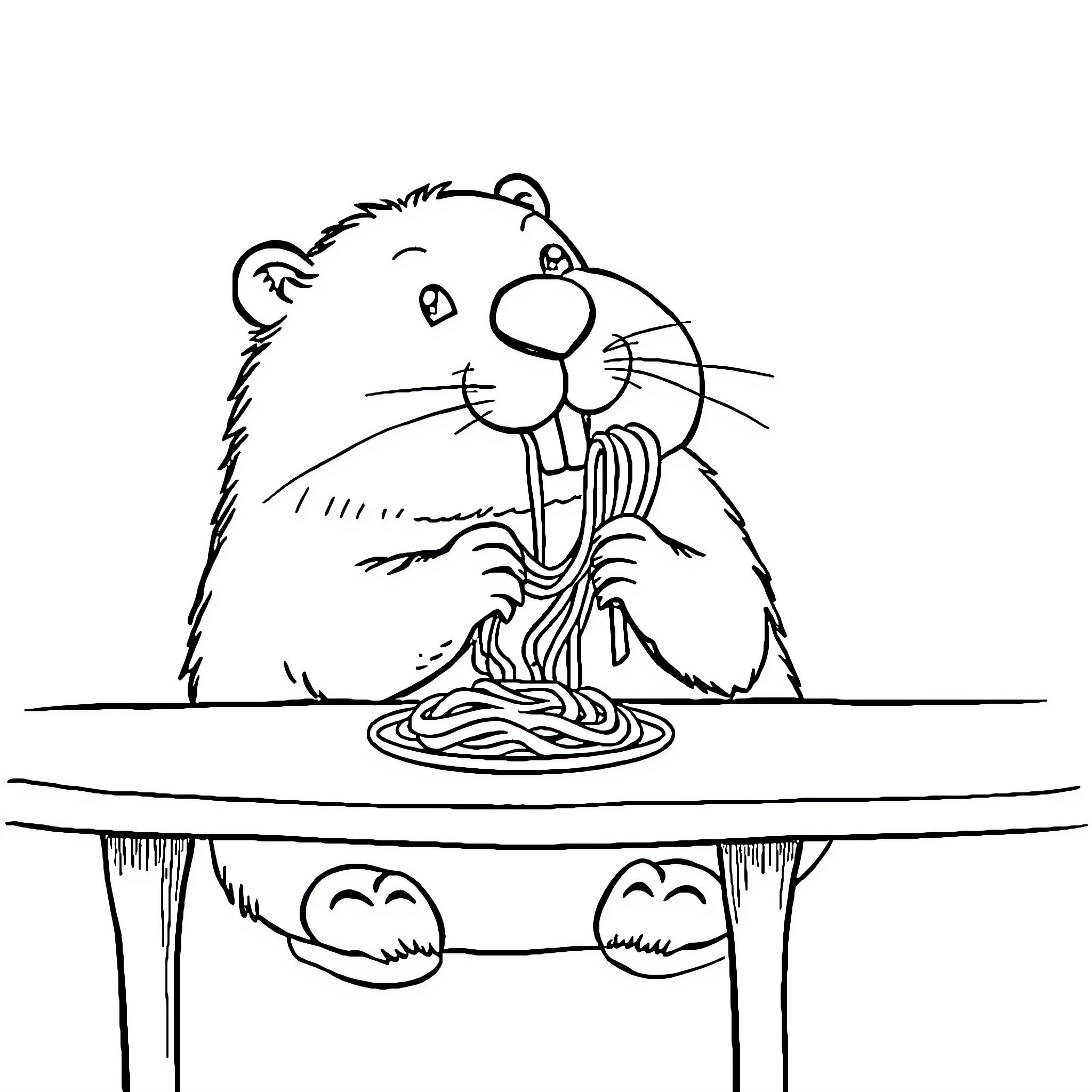 Beaver enjoying a bowl of spaghetti Coloring Page (free black-and-white line drawing printable PDF for all, from beginners to advanced learners, including children, teens, adults, and seniors)