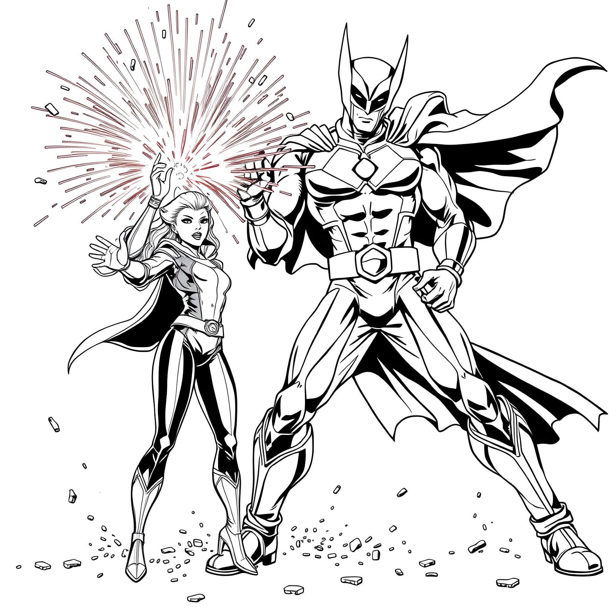 X-Men Heroes Unleash Powerful Abilities Coloring Page (free black-and-white line drawing printable PDF for all, from beginners to advanced learners, including children, teens, adults, and seniors)