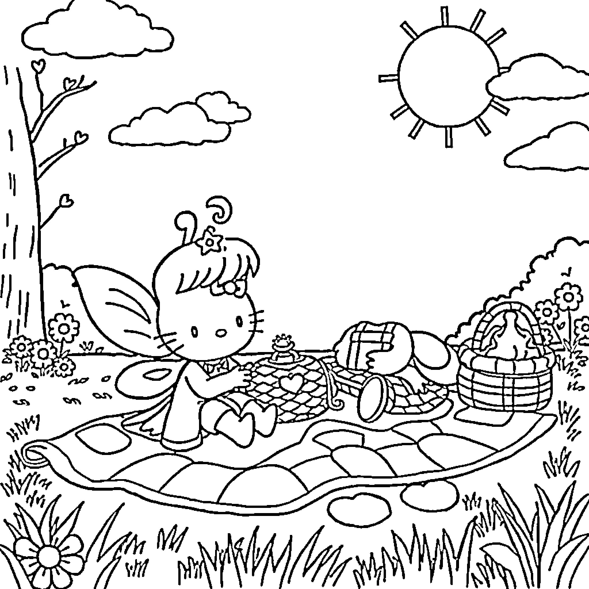 Fairy in a Peaceful Outdoor Scene Coloring Page (free black-and-white line drawing printable PDF for all, from beginners to advanced learners, including children, teens, adults, and seniors)