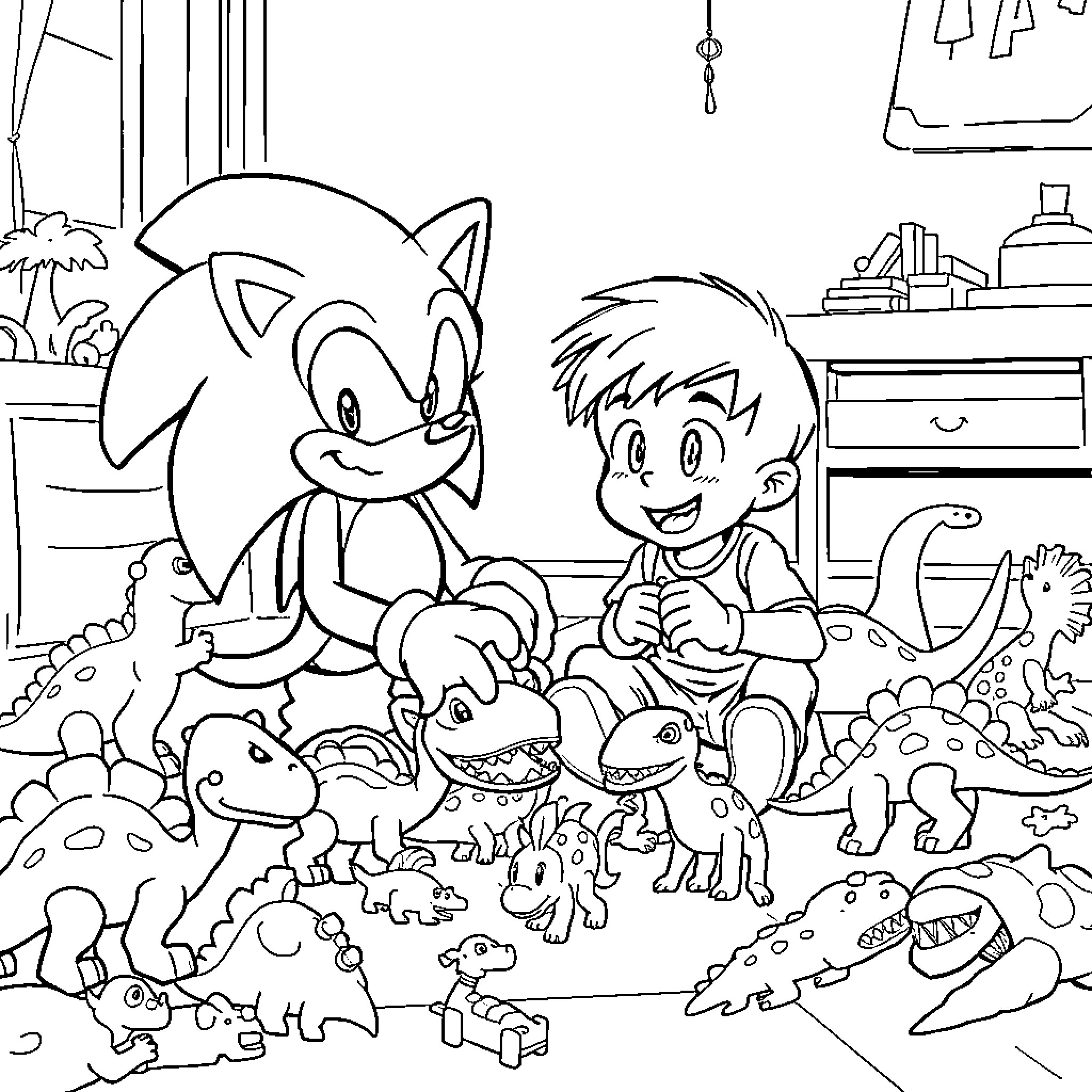 Sonic and Boy Exploring Toy Dinosaurs Coloring Page (free black-and-white line drawing printable PDF for all, from beginners to advanced learners, including children, teens, adults, and seniors)