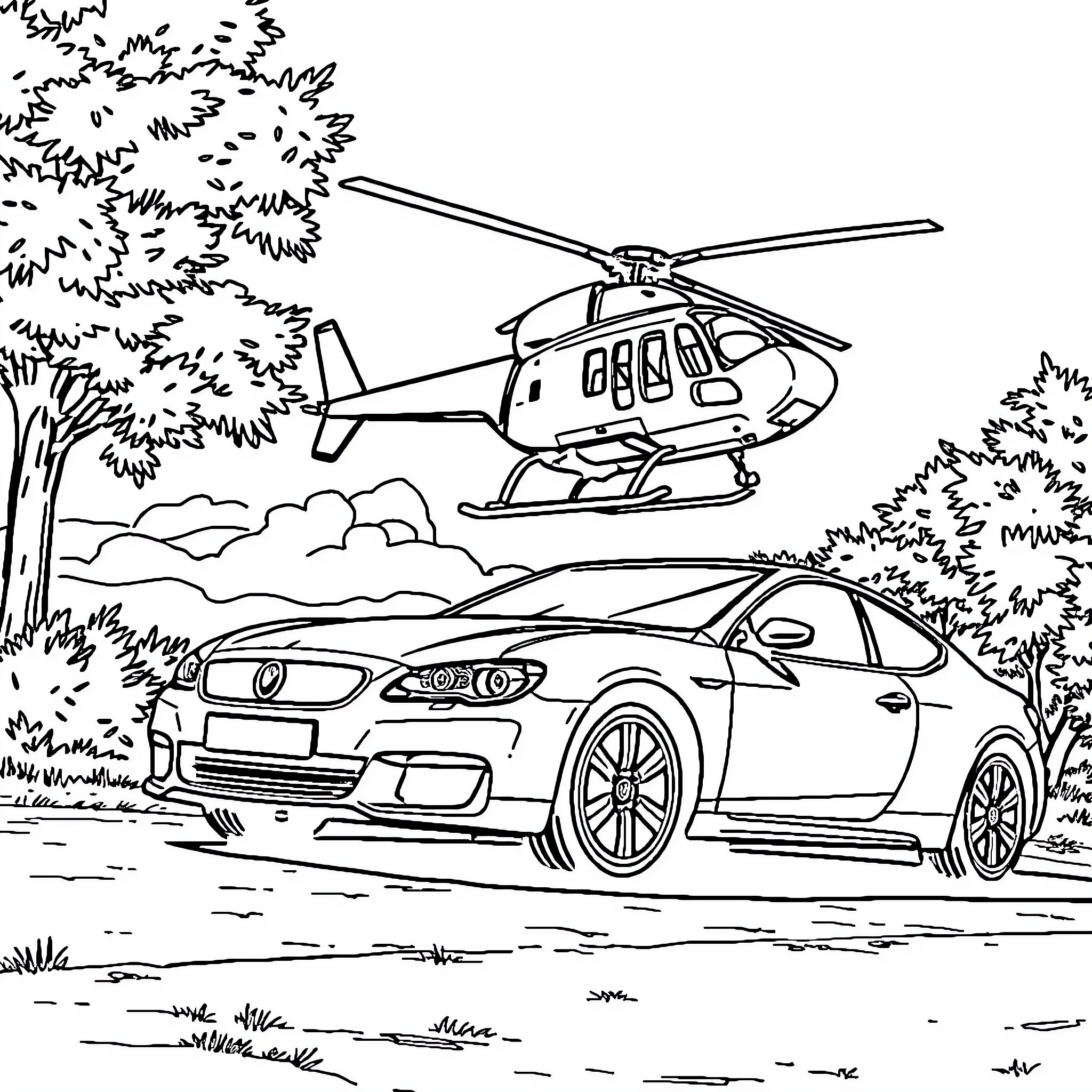 Car chasing helicopter in forest landscape Coloring Page (free black-and-white line drawing printable PDF for all, from beginners to advanced learners, including children, teens, adults, and seniors)