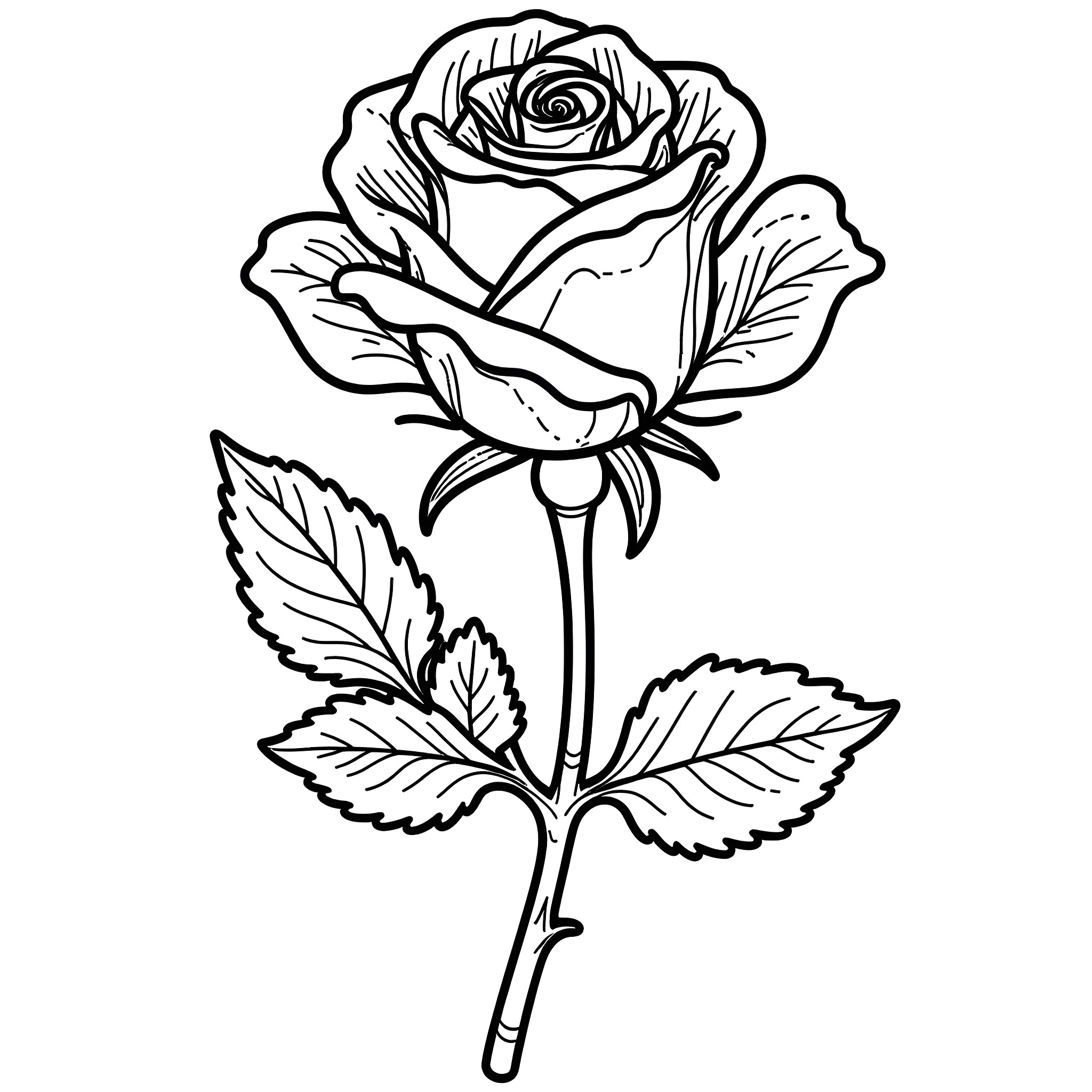 Rose Blooming with Delicate Petals Coloring Page (free black-and-white line drawing printable PDF for all, from beginners to advanced learners, including children, teens, adults, and seniors)