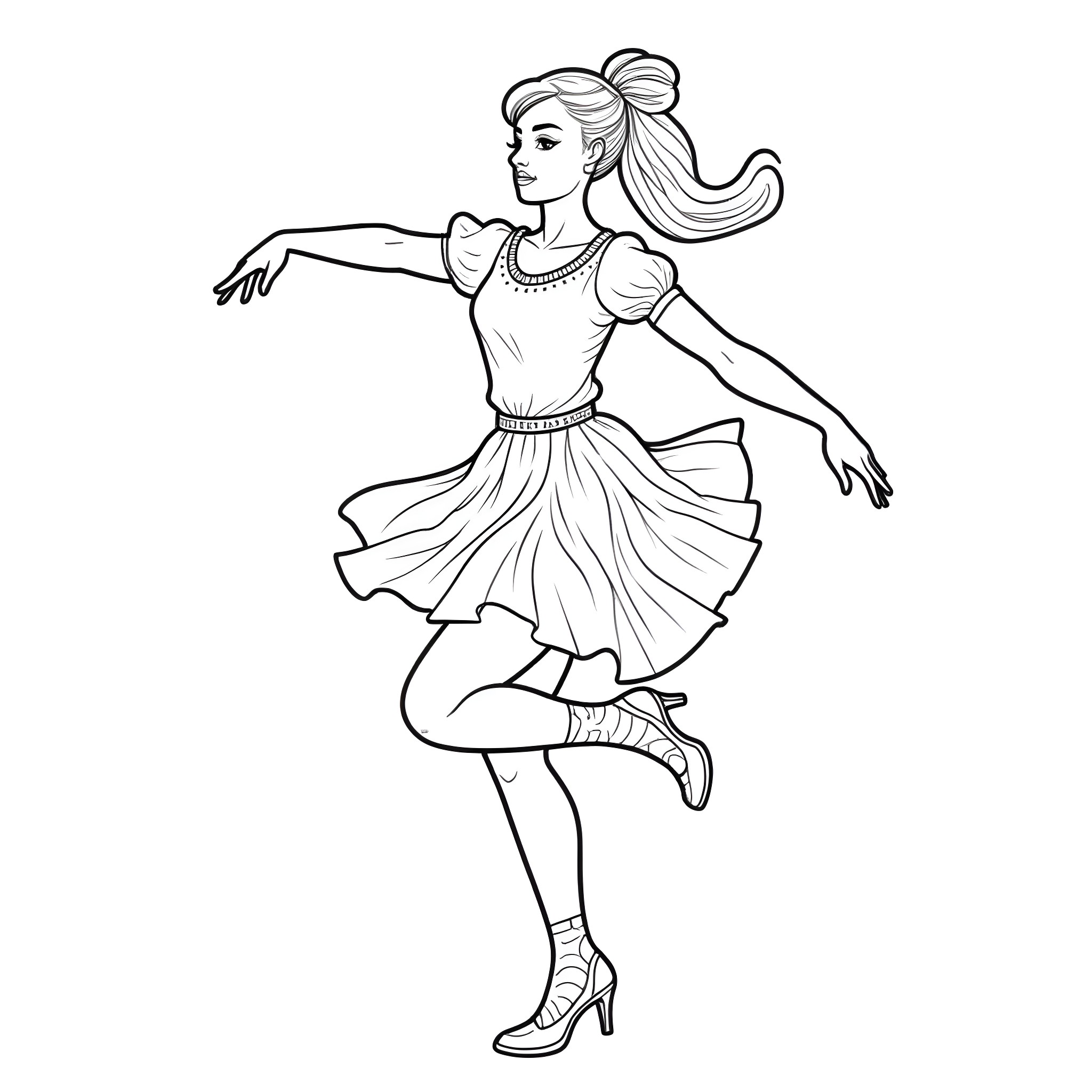 Irish Dancer Performing on Stage Coloring Page (free black-and-white line drawing printable PDF for all, from beginners to advanced learners, including children, teens, adults, and seniors)
