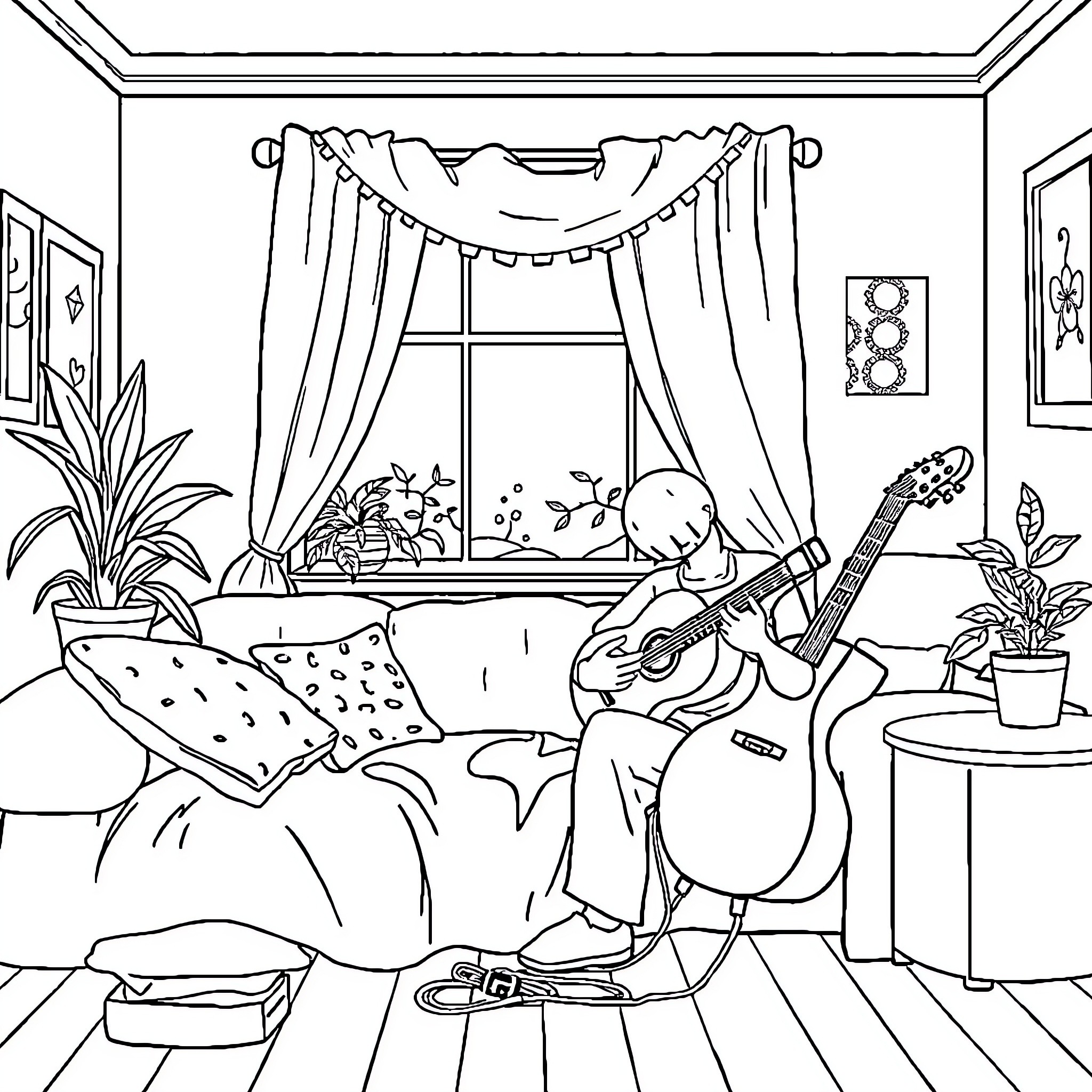 Music performance in a cozy home setting Coloring Page (free black-and-white line drawing printable PDF for all, from beginners to advanced learners, including children, teens, adults, and seniors)