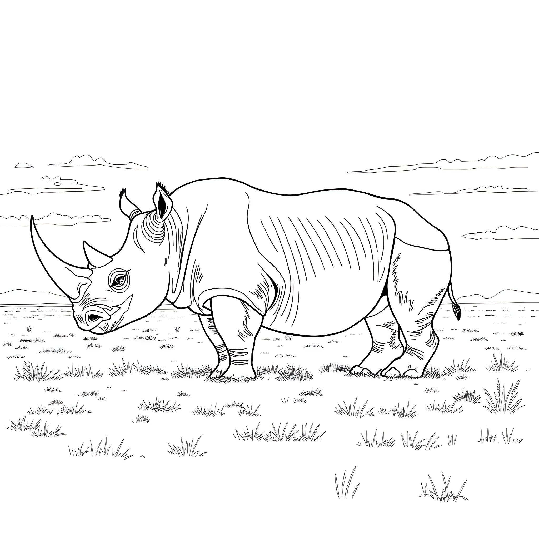 Rhinoceros grazing in a serene landscape Coloring Page (free black-and-white line drawing printable PDF for all, from beginners to advanced learners, including children, teens, adults, and seniors)