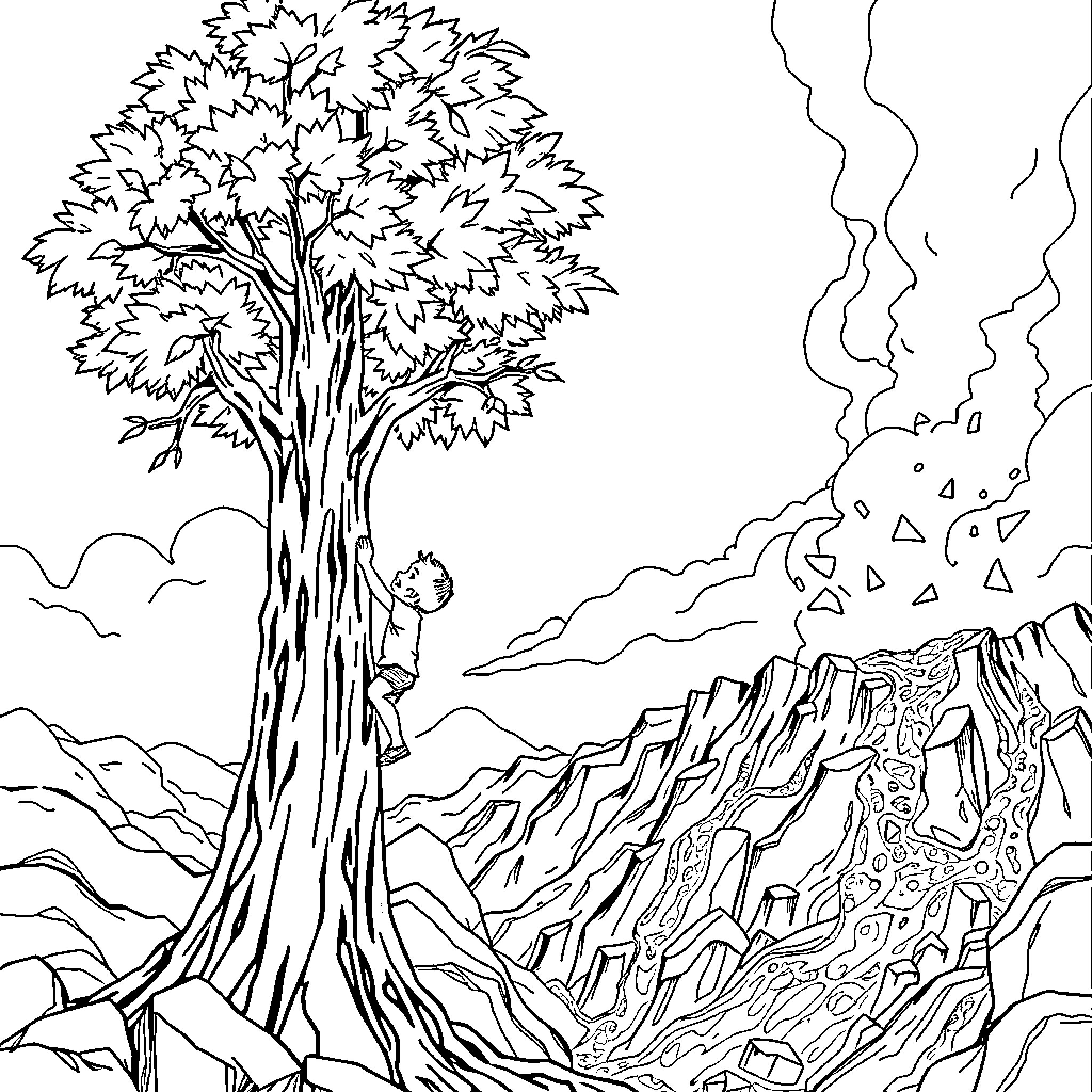 Kid climbing an intricate tree in the mountains Coloring Page (free black-and-white line drawing printable PDF for all, from beginners to advanced learners, including children, teens, adults, and seniors)