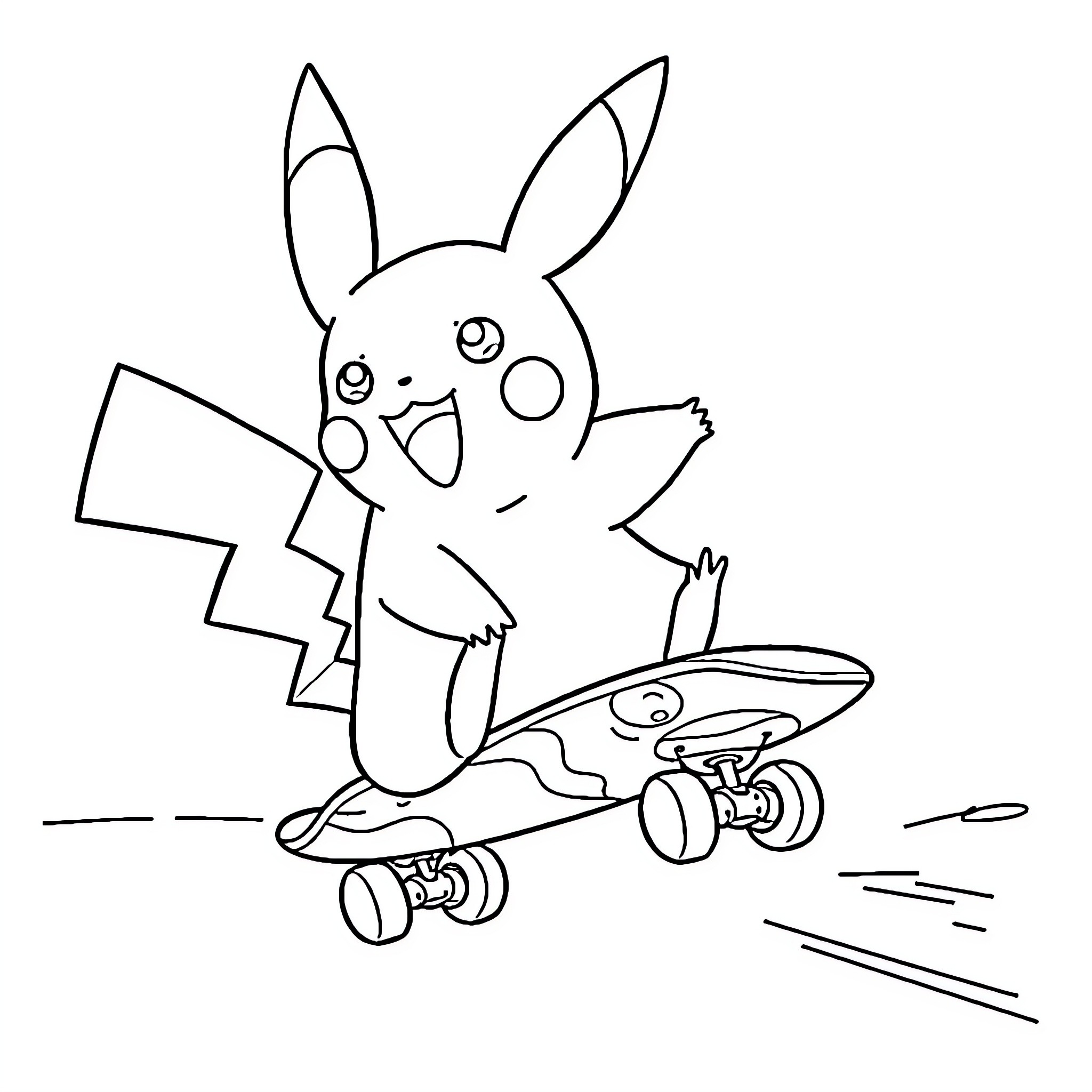 Pikachu skateboarding with excitement Coloring Page (free black-and-white line drawing printable PDF for all, from beginners to advanced learners, including children, teens, adults, and seniors)