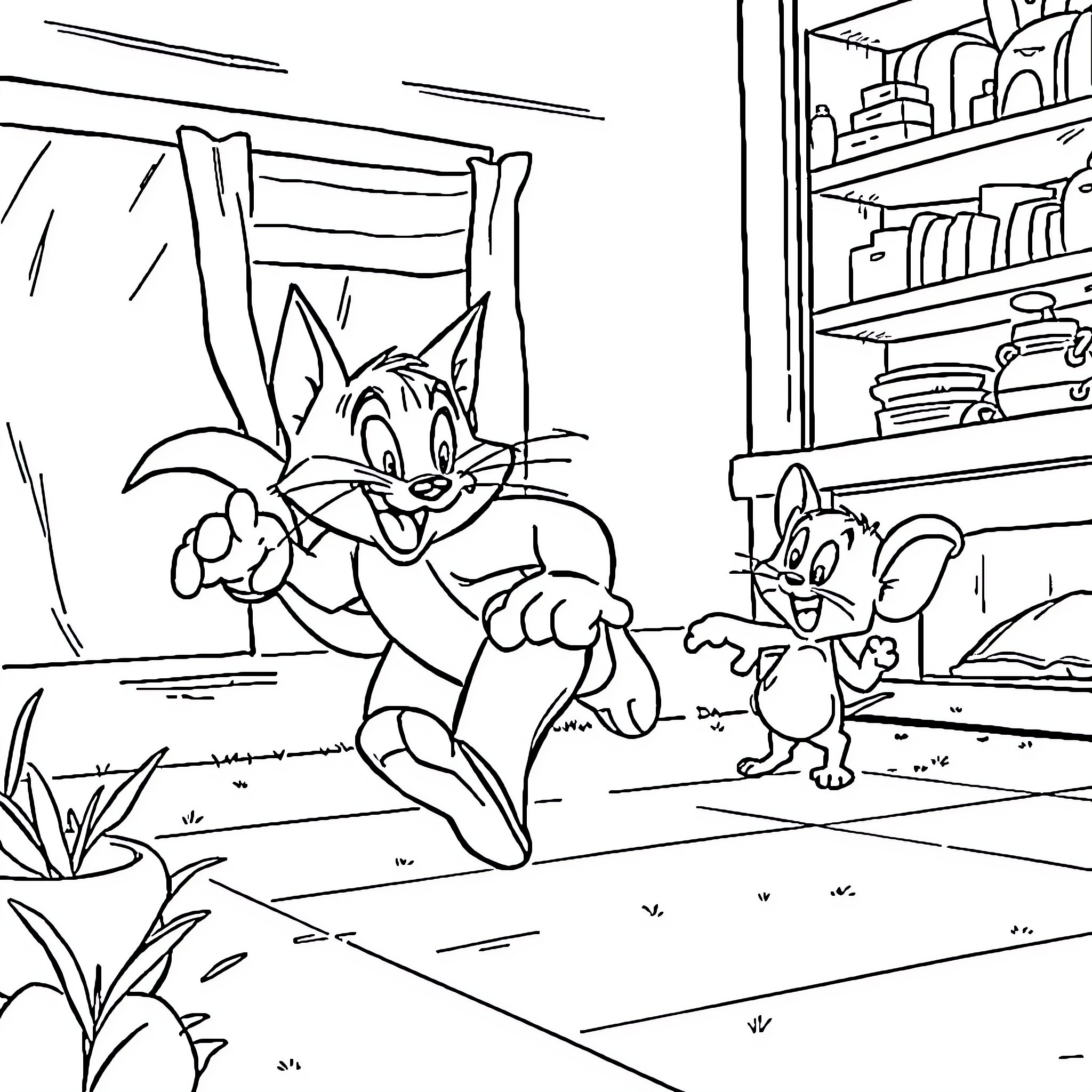 Tom and Jerry's Mischievous Antics in the House Coloring Page (free black-and-white line drawing printable PDF for all, from beginners to advanced learners, including children, teens, adults, and seniors)