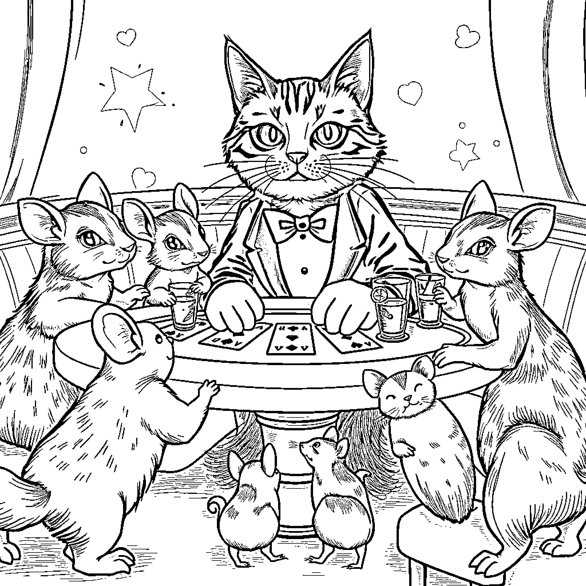 Tuxedo Cat hosting a tea party with cute animals Coloring Page (free black-and-white line drawing printable PDF for all, from beginners to advanced learners, including children, teens, adults, and seniors)