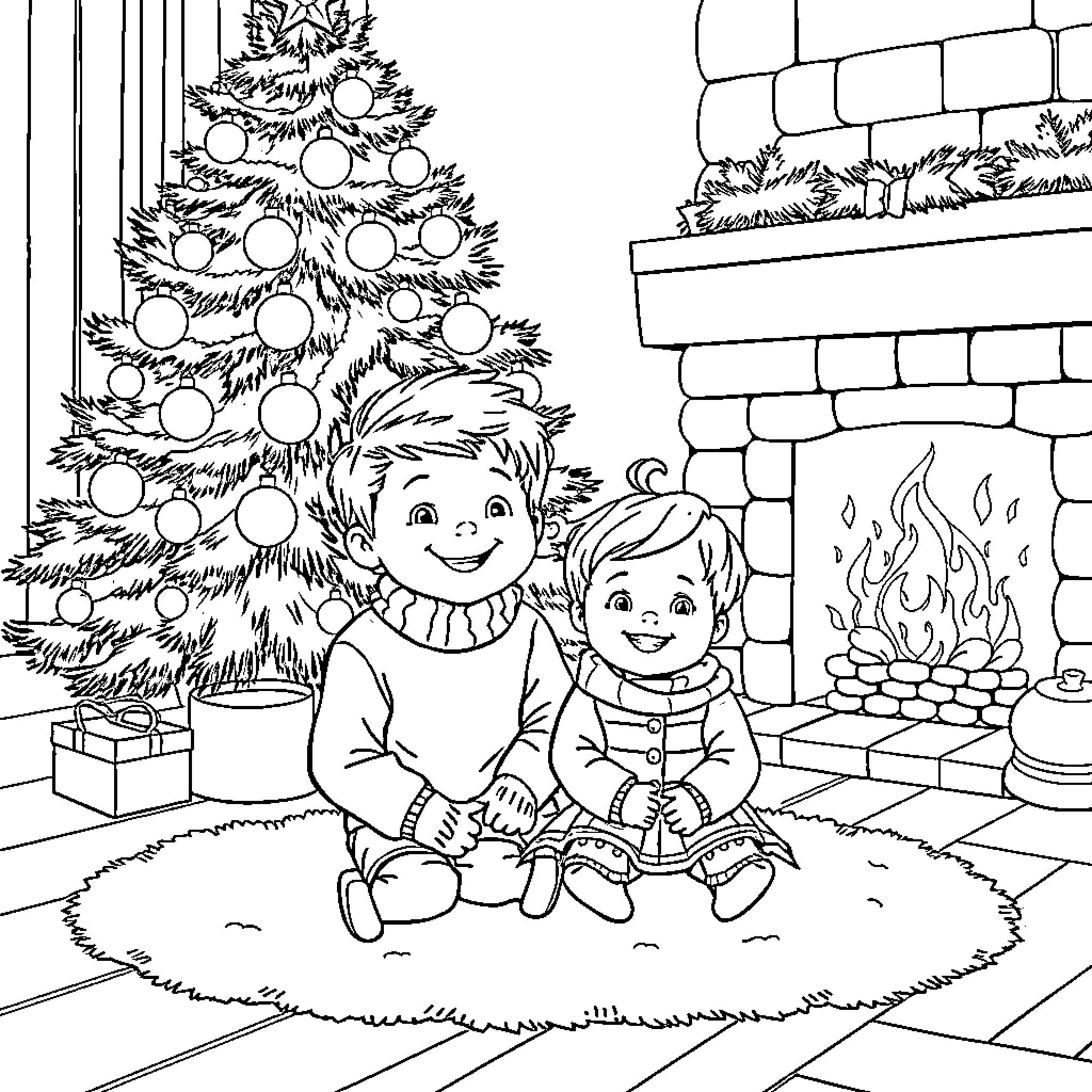 Boys playing by the Christmas tree and fireplace Coloring Page (free black-and-white line drawing printable PDF for all, from beginners to advanced learners, including children, teens, adults, and seniors)