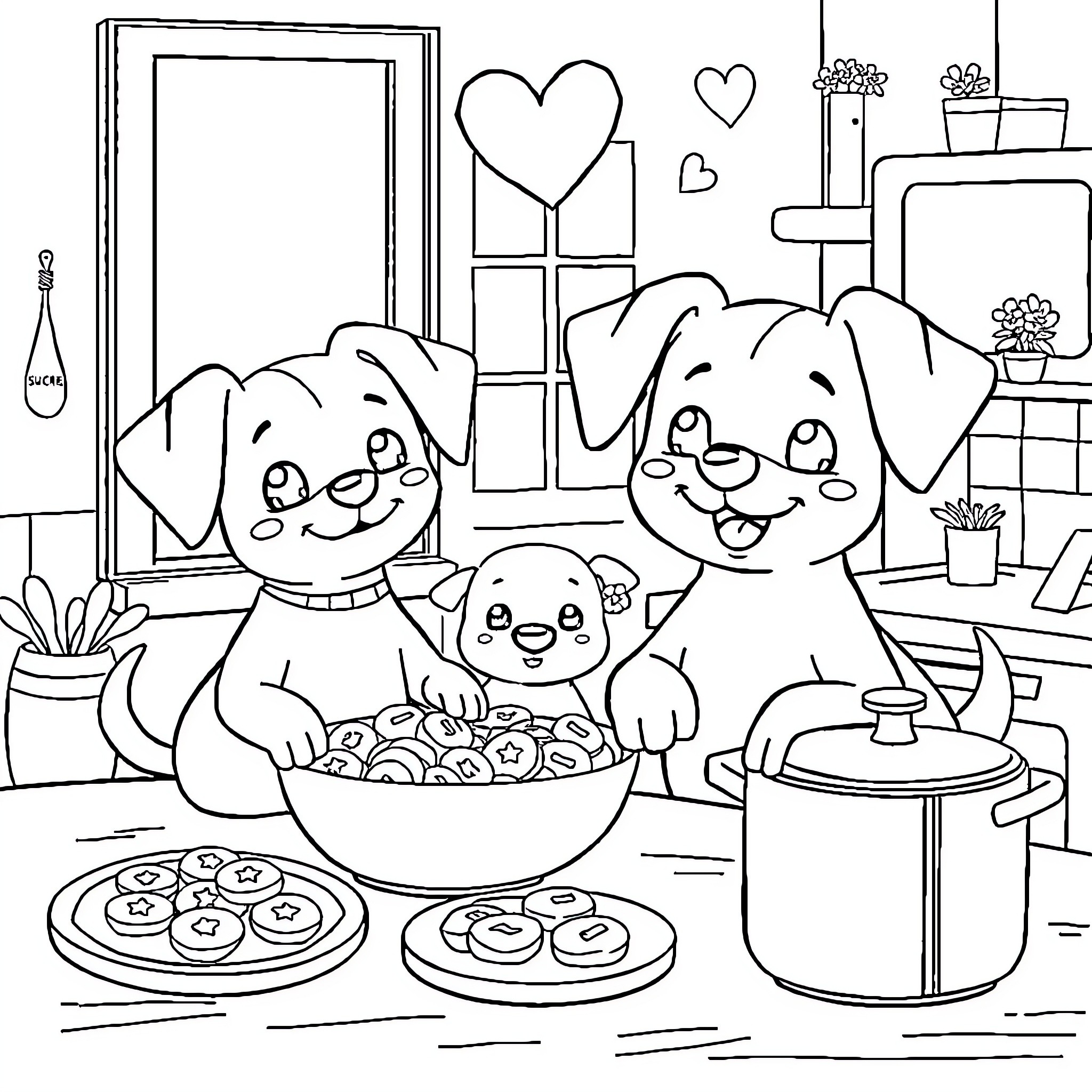 Dog family cooking together in the kitchen Coloring Page (free black-and-white line drawing printable PDF for all, from beginners to advanced learners, including children, teens, adults, and seniors)