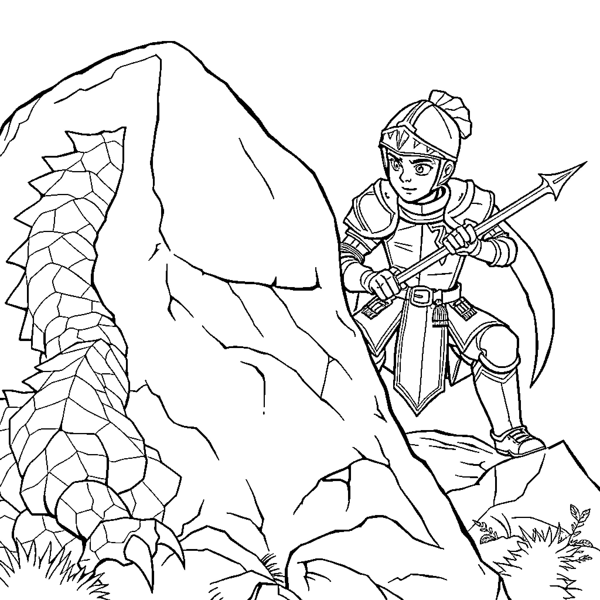 Knight Exploring Rugged Terrain with Determination Coloring Page (free black-and-white line drawing printable PDF for all, from beginners to advanced learners, including children, teens, adults, and seniors)
