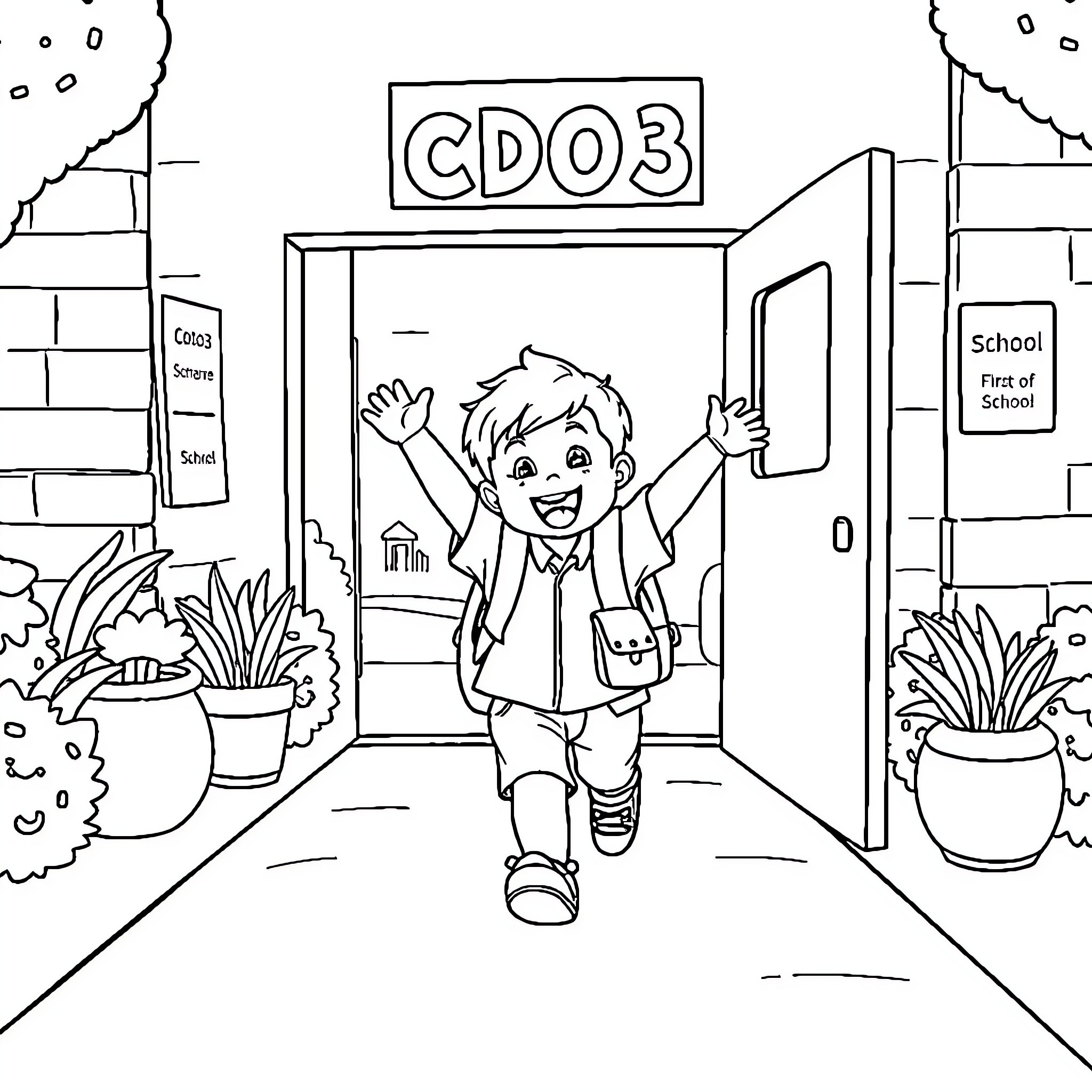 Toddler happily enters school building Coloring Page (free black-and-white line drawing printable PDF for all, from beginners to advanced learners, including children, teens, adults, and seniors)