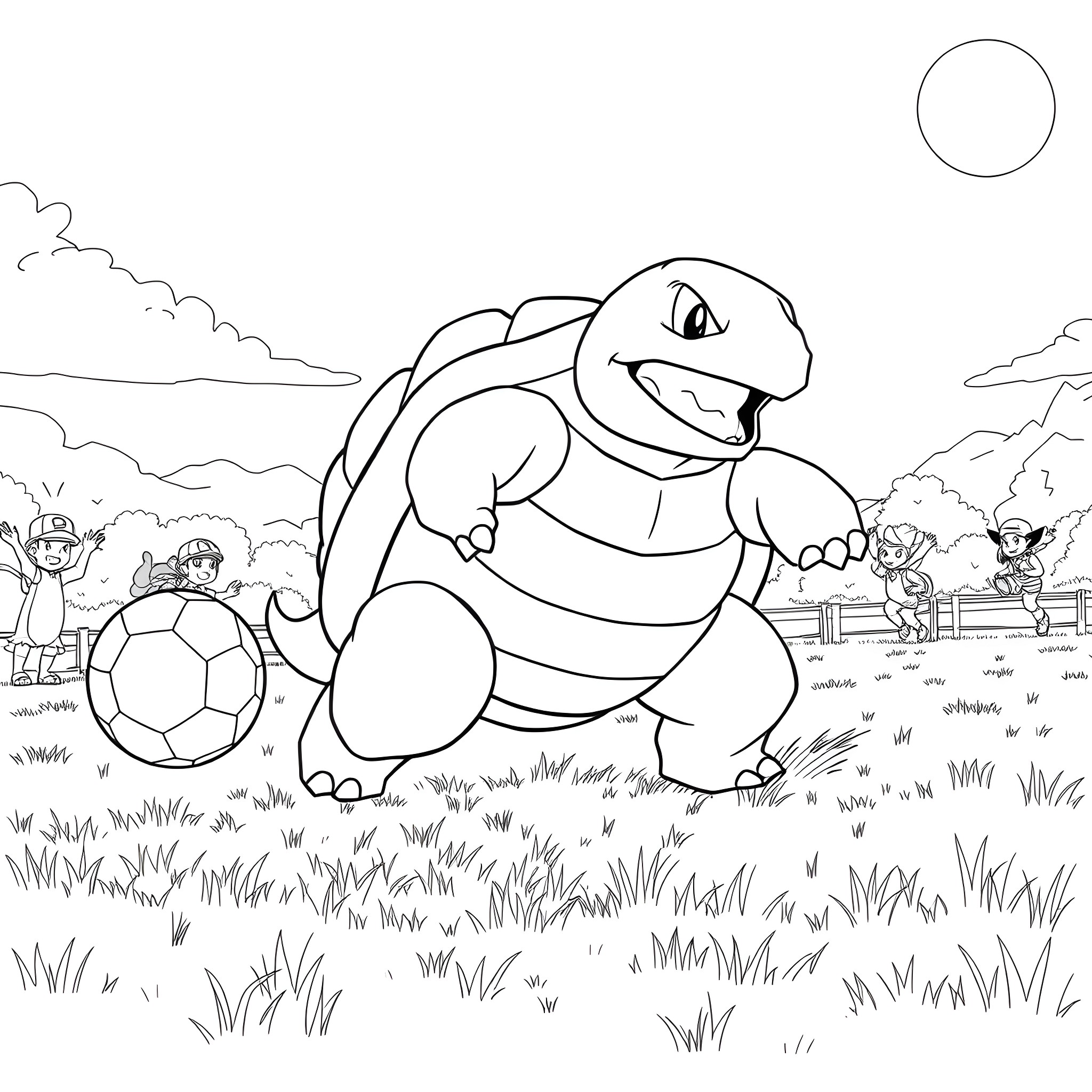 Blastoise playing happily with children on the field Coloring Page (free black-and-white line drawing printable PDF for all, from beginners to advanced learners, including children, teens, adults, and seniors)