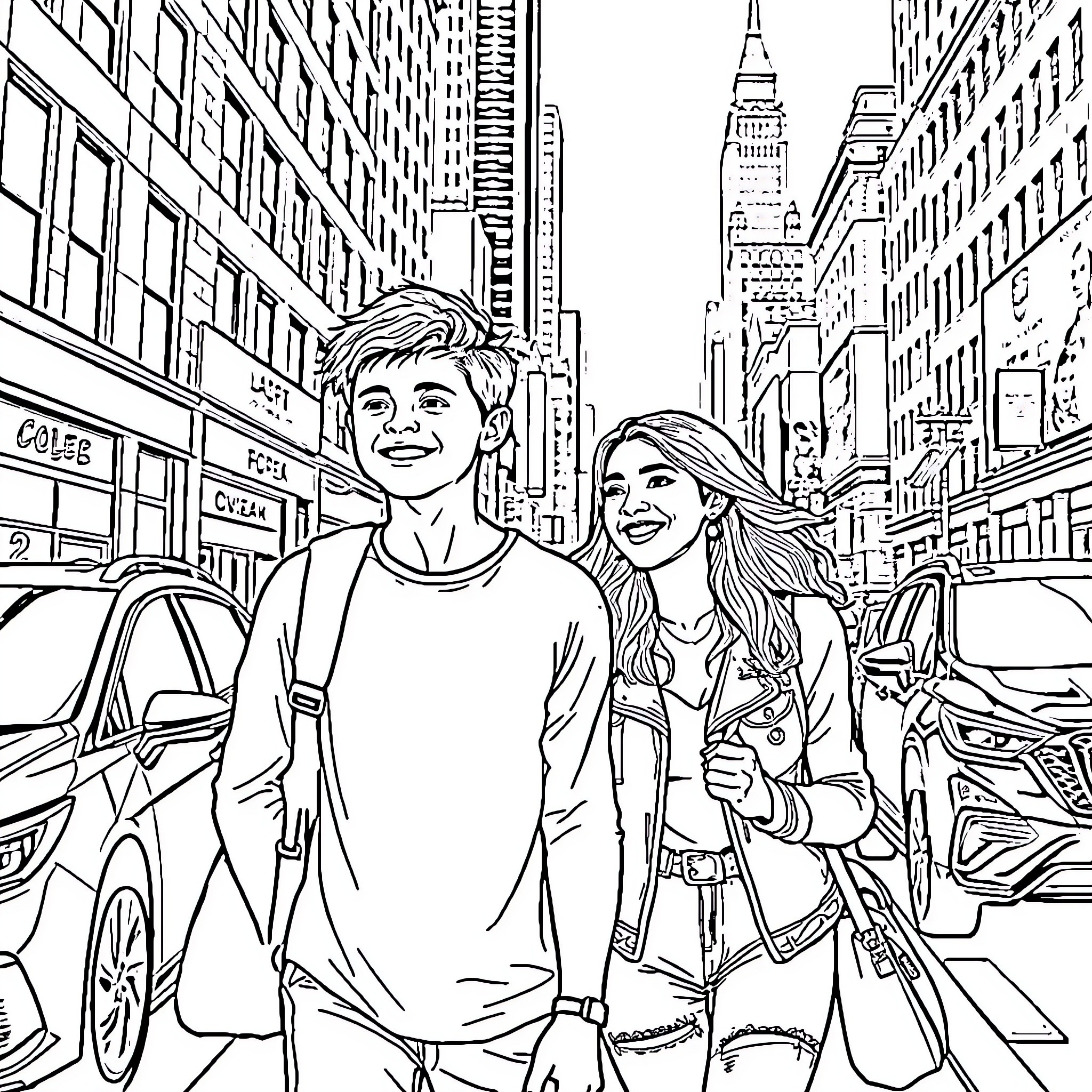 Tom Holland and his co-star enjoying a stroll in the city Coloring Page (free black-and-white line drawing printable PDF for all, from beginners to advanced learners, including children, teens, adults, and seniors)