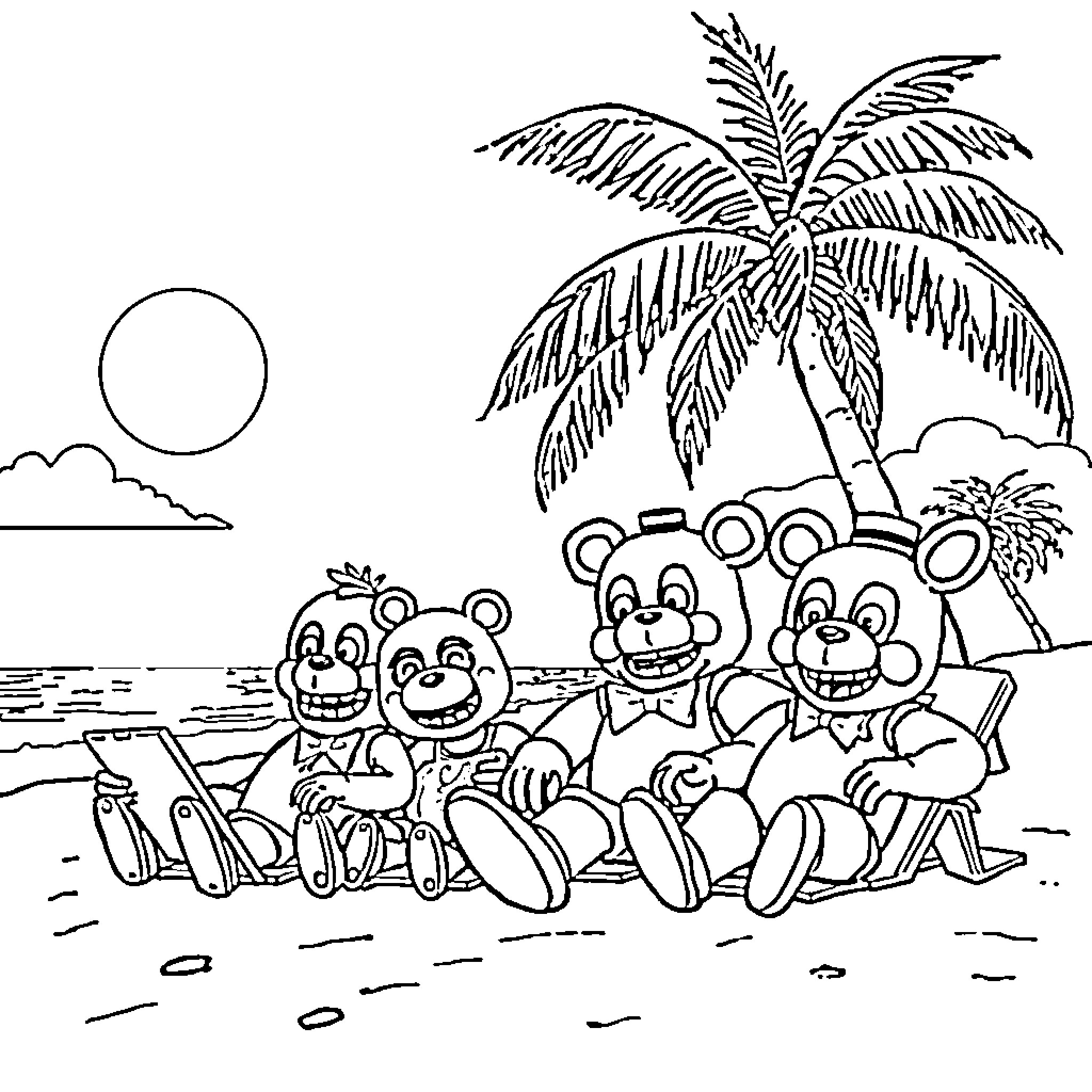 Freddy's fun-filled beach day with friends Coloring Page (free black-and-white line drawing printable PDF for all, from beginners to advanced learners, including children, teens, adults, and seniors)