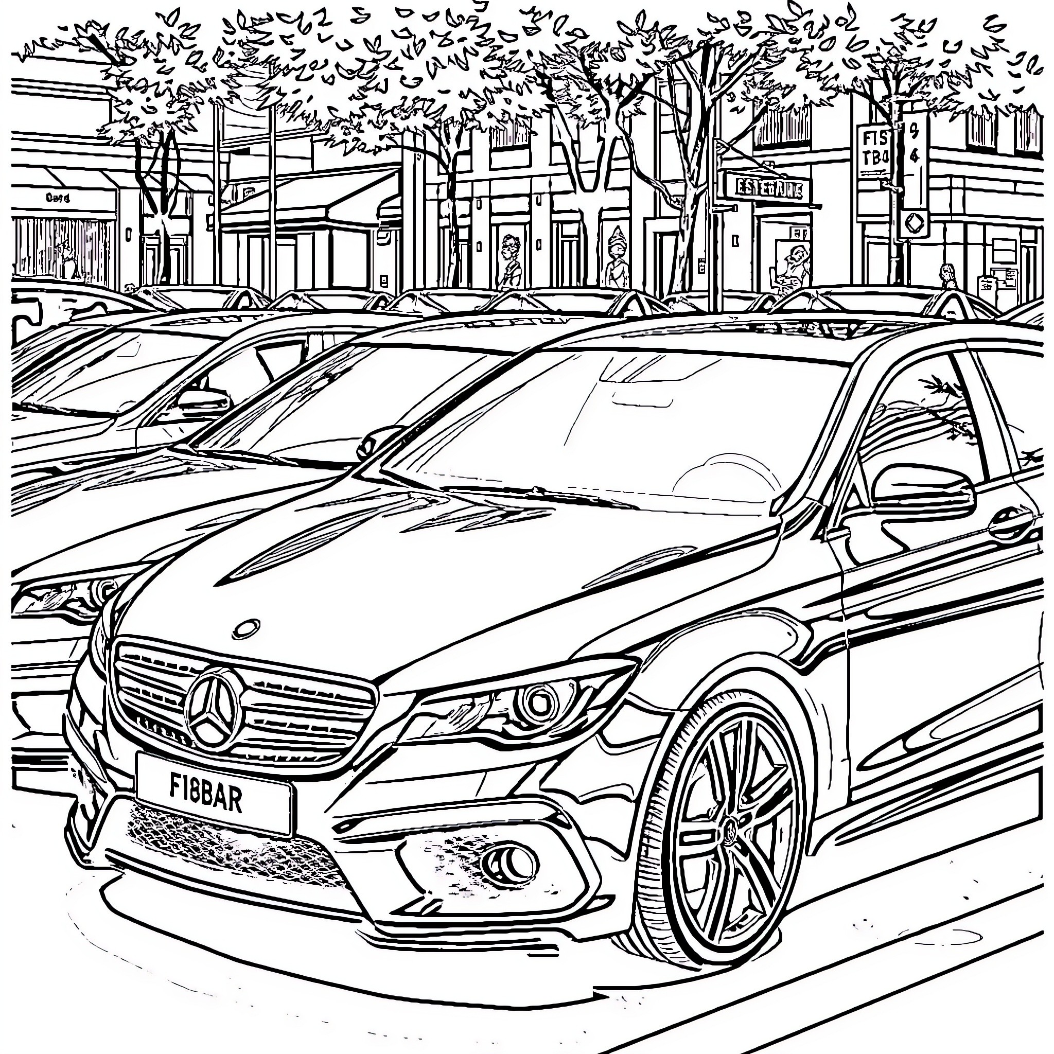 Car parked on busy urban street with trees Coloring Page (free black-and-white line drawing printable PDF for all, from beginners to advanced learners, including children, teens, adults, and seniors)