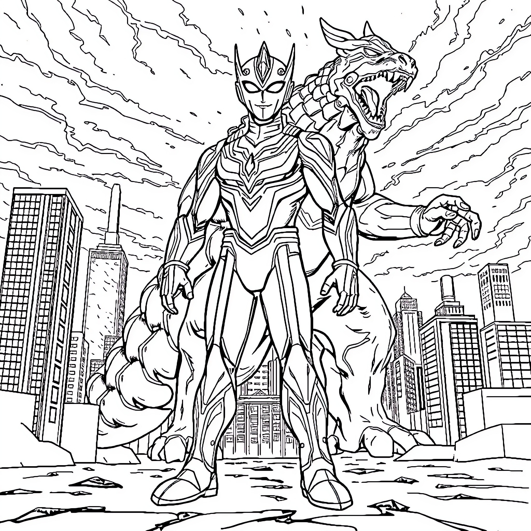 Ultraman battles a monstrous foe in the city Coloring Page (free black-and-white line drawing printable PDF for all, from beginners to advanced learners, including children, teens, adults, and seniors)