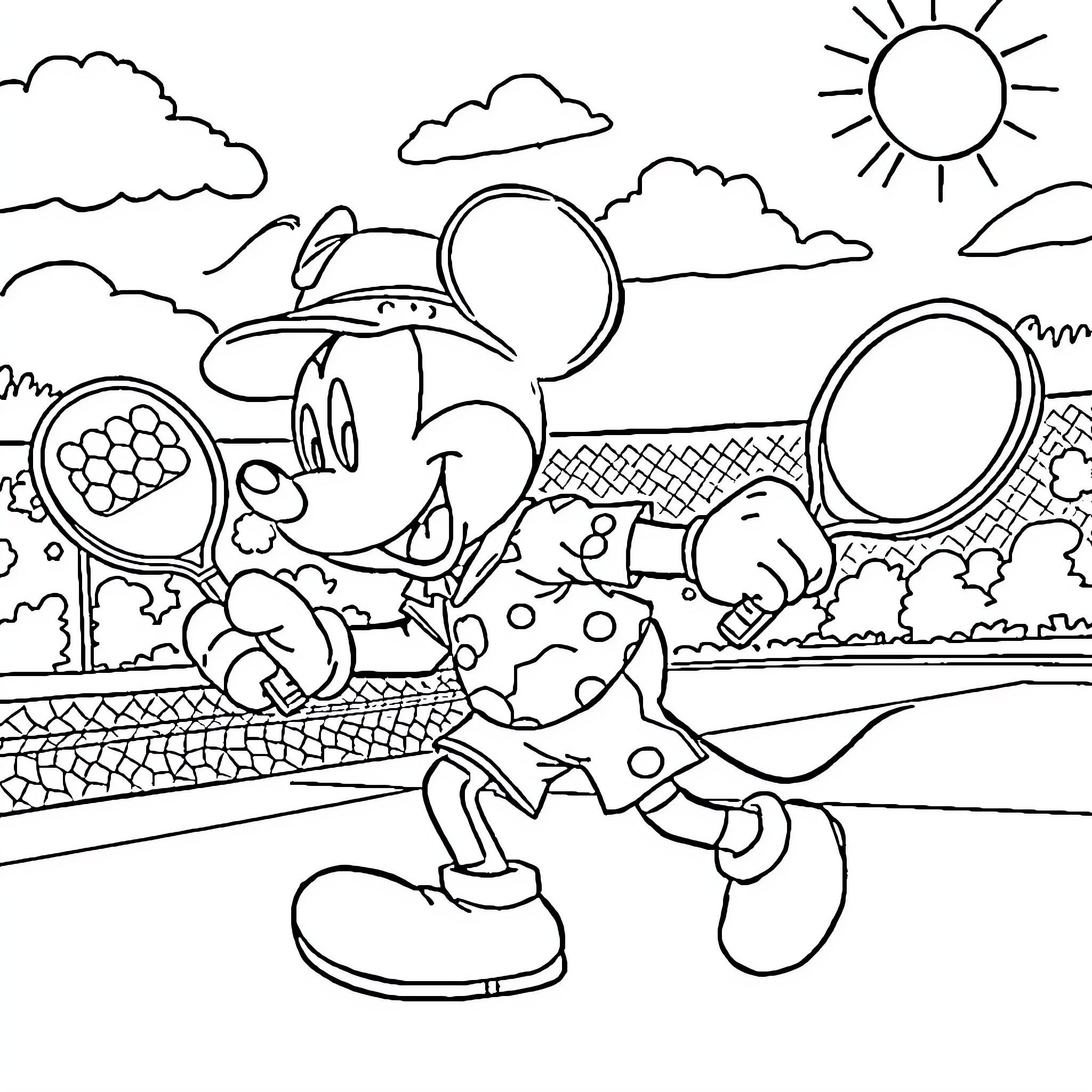 Mickey Mouse playing tennis in the sunny park Coloring Page (free black-and-white line drawing printable PDF for all, from beginners to advanced learners, including children, teens, adults, and seniors)