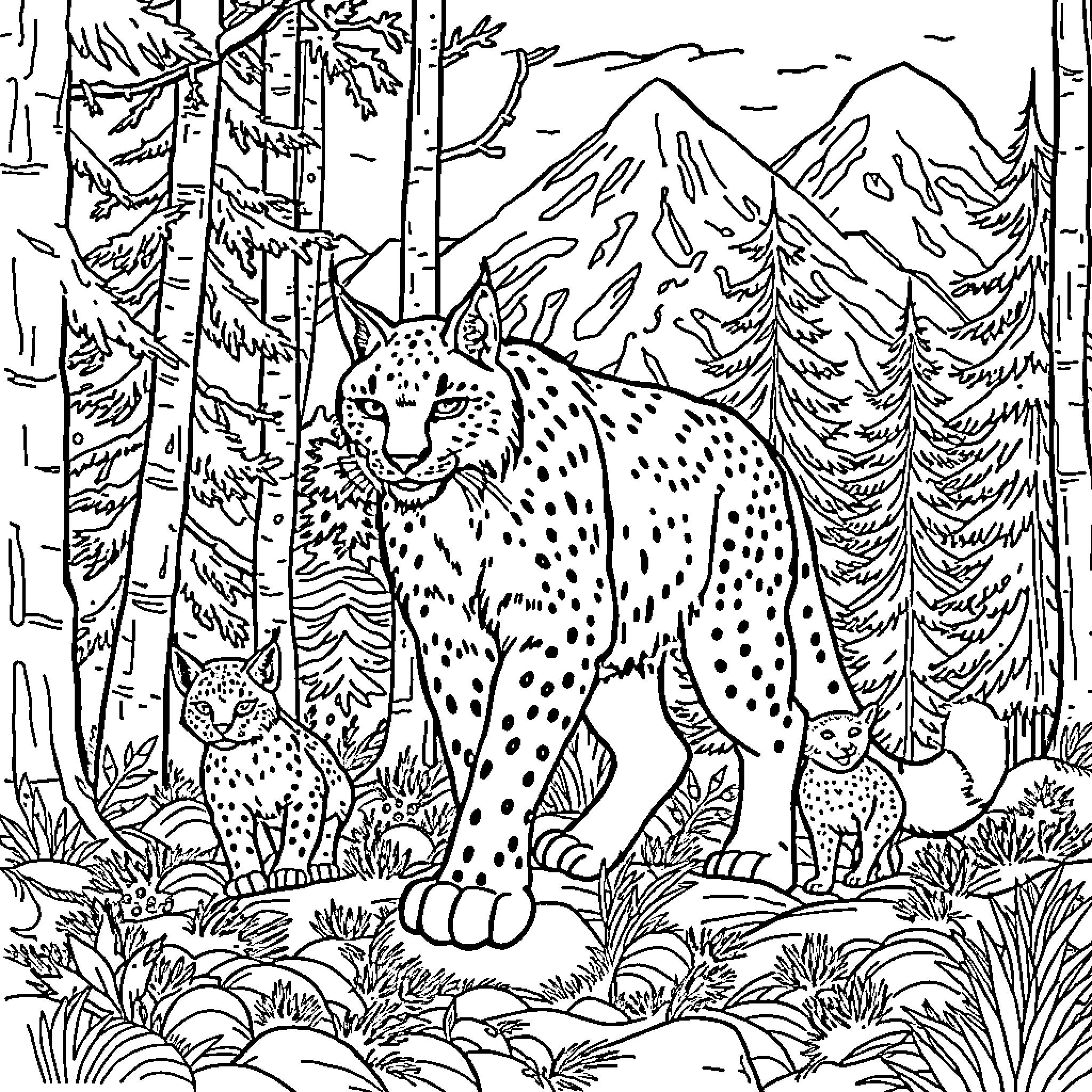 Lynx and its cubs in the forest Coloring Page (free black-and-white line drawing printable PDF for all, from beginners to advanced learners, including children, teens, adults, and seniors)
