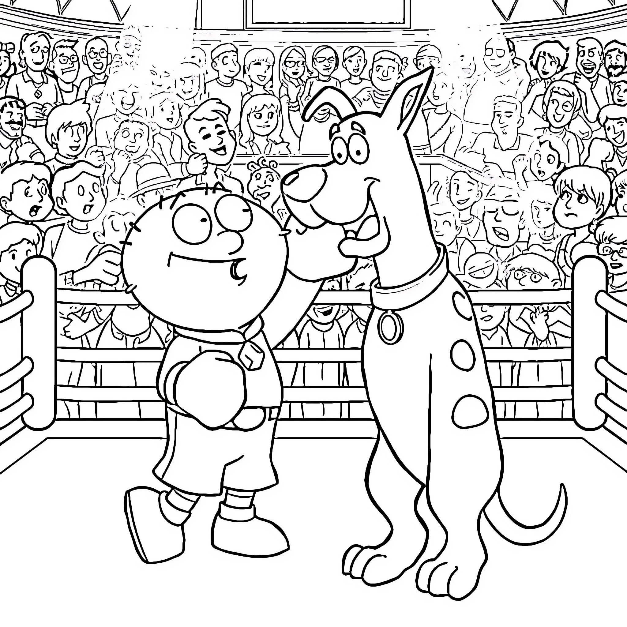 Stewie Griffin and Brian Griffin in a crowded arena Coloring Page (free black-and-white line drawing printable PDF for all, from beginners to advanced learners, including children, teens, adults, and seniors)