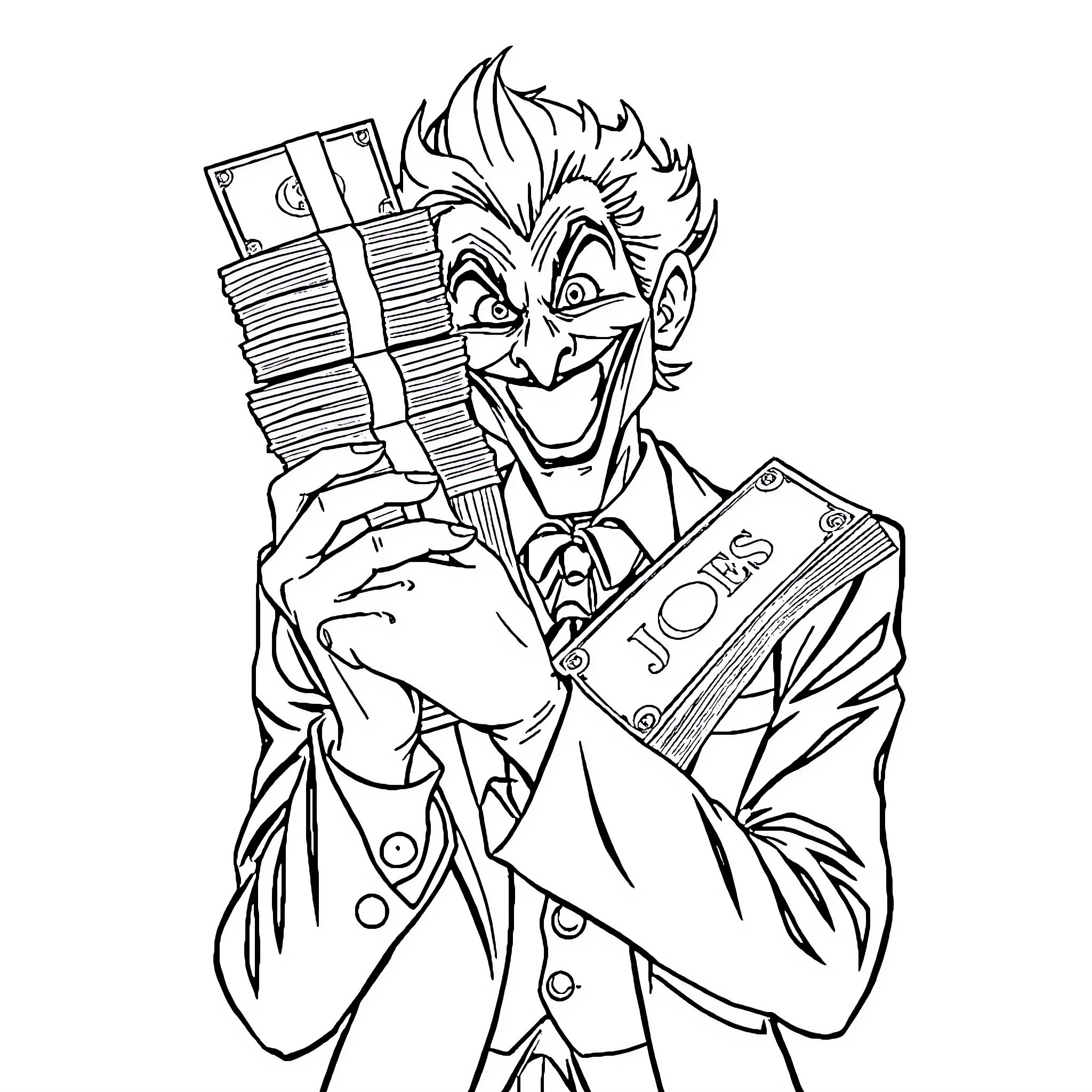 Joker holding stacks of money and bills Coloring Page (free black-and-white line drawing printable PDF for all, from beginners to advanced learners, including children, teens, adults, and seniors)