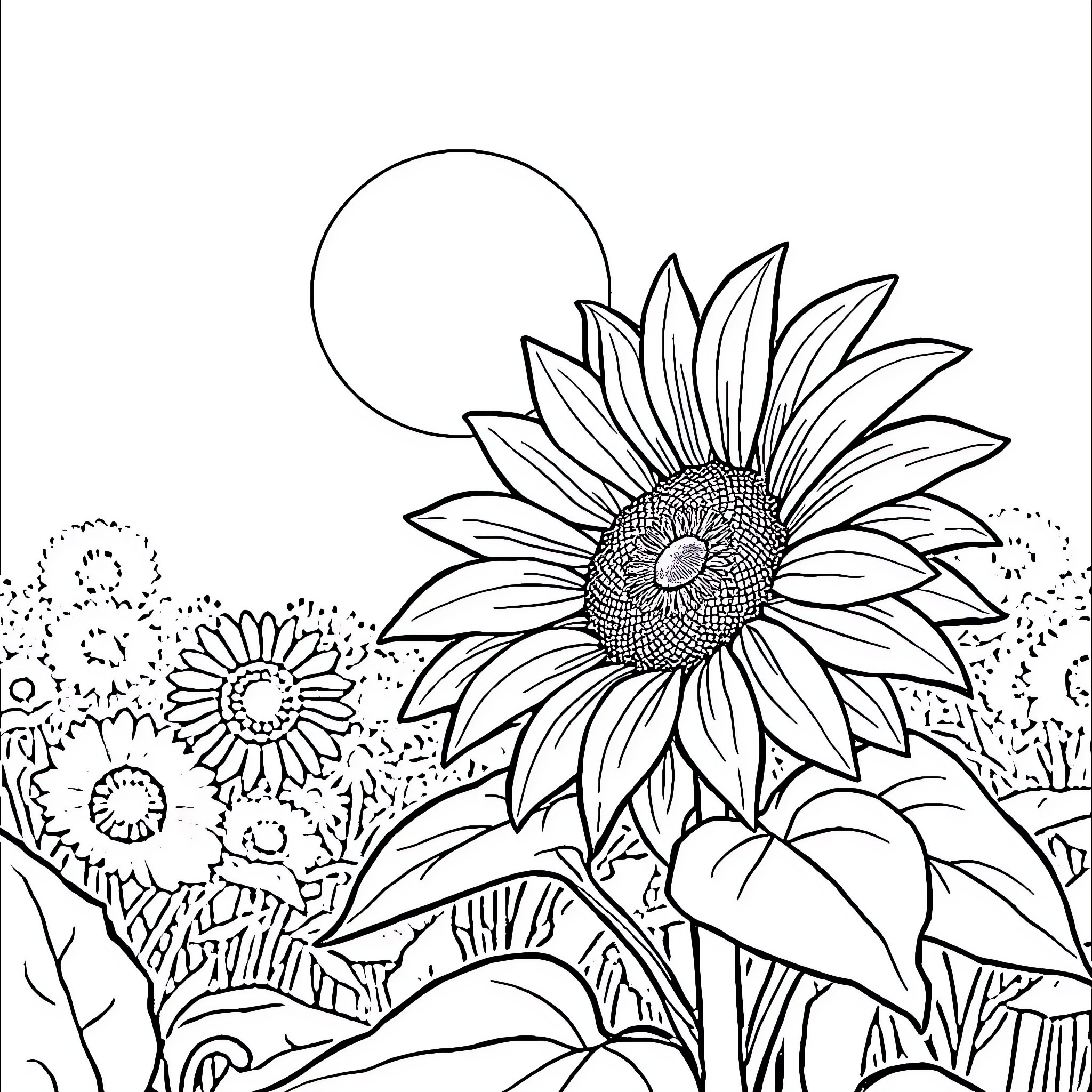 Sunflower field in the moonlight Coloring Page (free black-and-white line drawing printable PDF for all, from beginners to advanced learners, including children, teens, adults, and seniors)