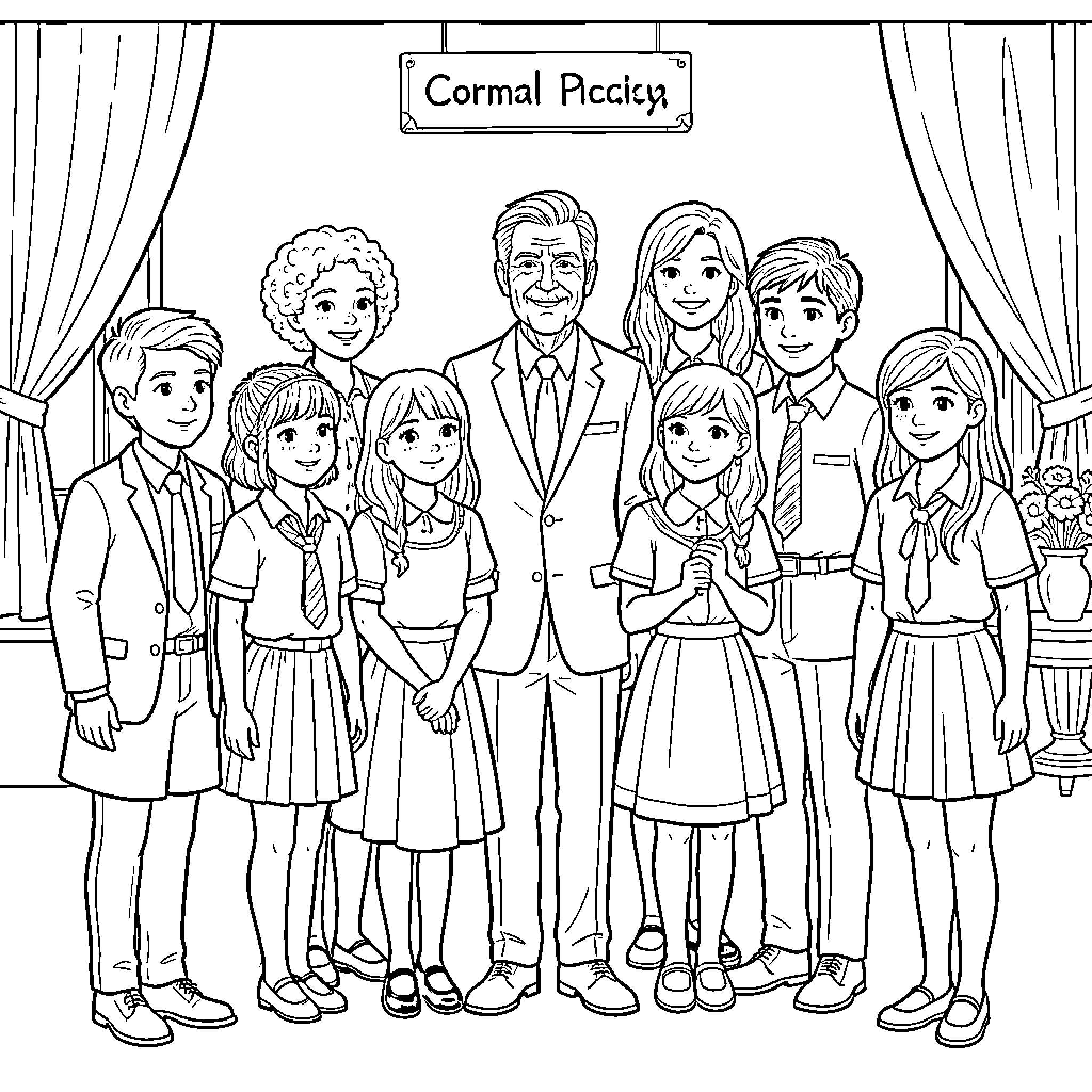 Student group posing together for a class photo Coloring Page (free black-and-white line drawing printable PDF for all, from beginners to advanced learners, including children, teens, adults, and seniors)