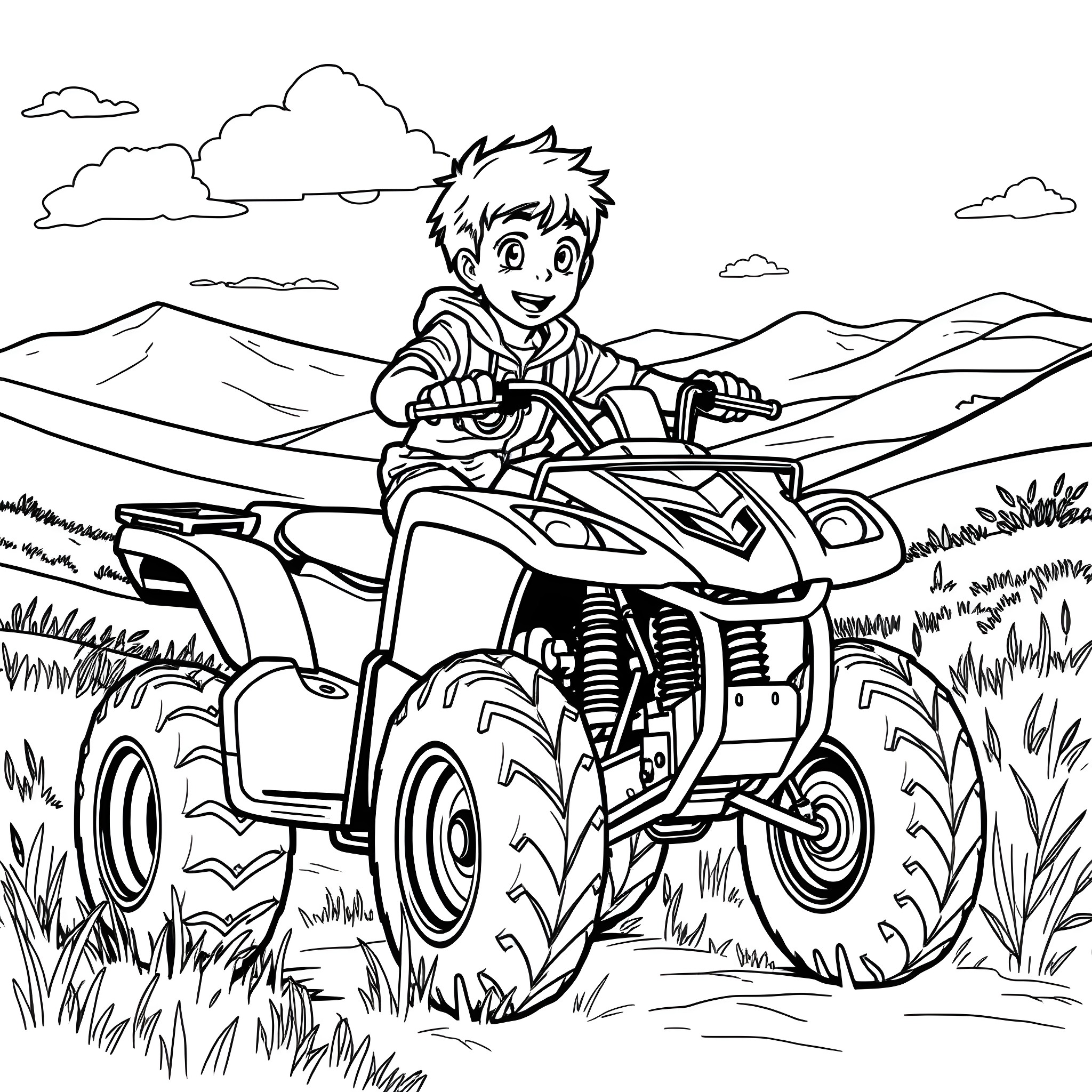 Boy riding an all-terrain vehicle in the countryside Coloring Page (free black-and-white line drawing printable PDF for all, from beginners to advanced learners, including children, teens, adults, and seniors)
