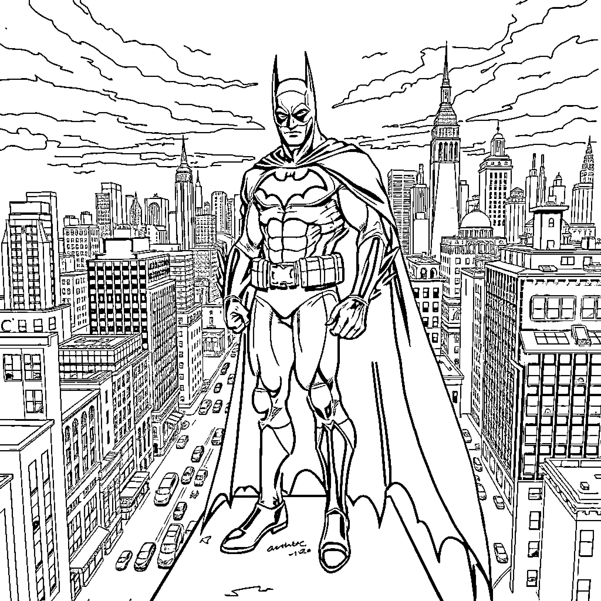 Batman in action, surveying the city skyline Coloring Page (free black-and-white line drawing printable PDF for all, from beginners to advanced learners, including children, teens, adults, and seniors)