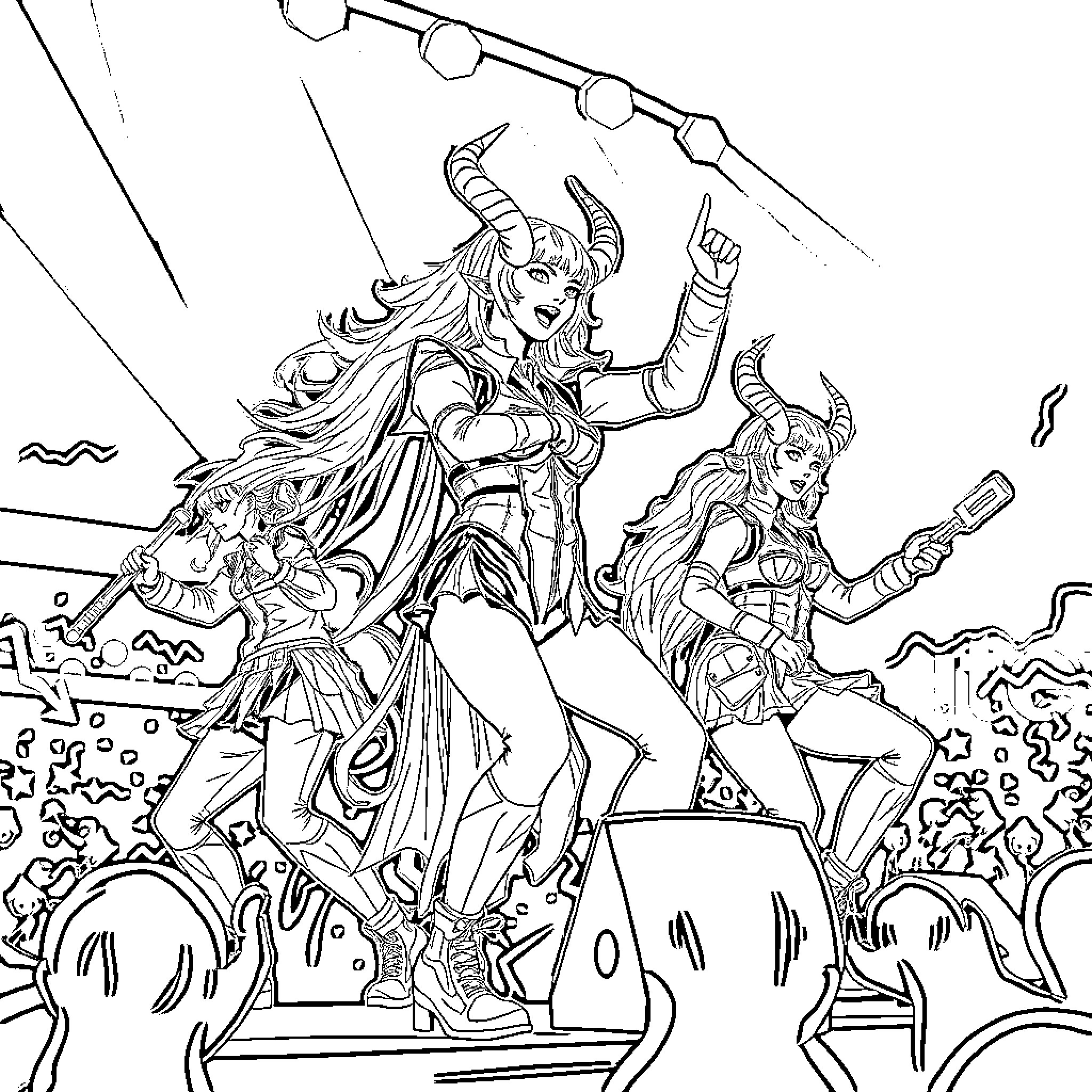 Kpop Idols Performing Energetic Dance Routine Coloring Page (free black-and-white line drawing printable PDF for all, from beginners to advanced learners, including children, teens, adults, and seniors)