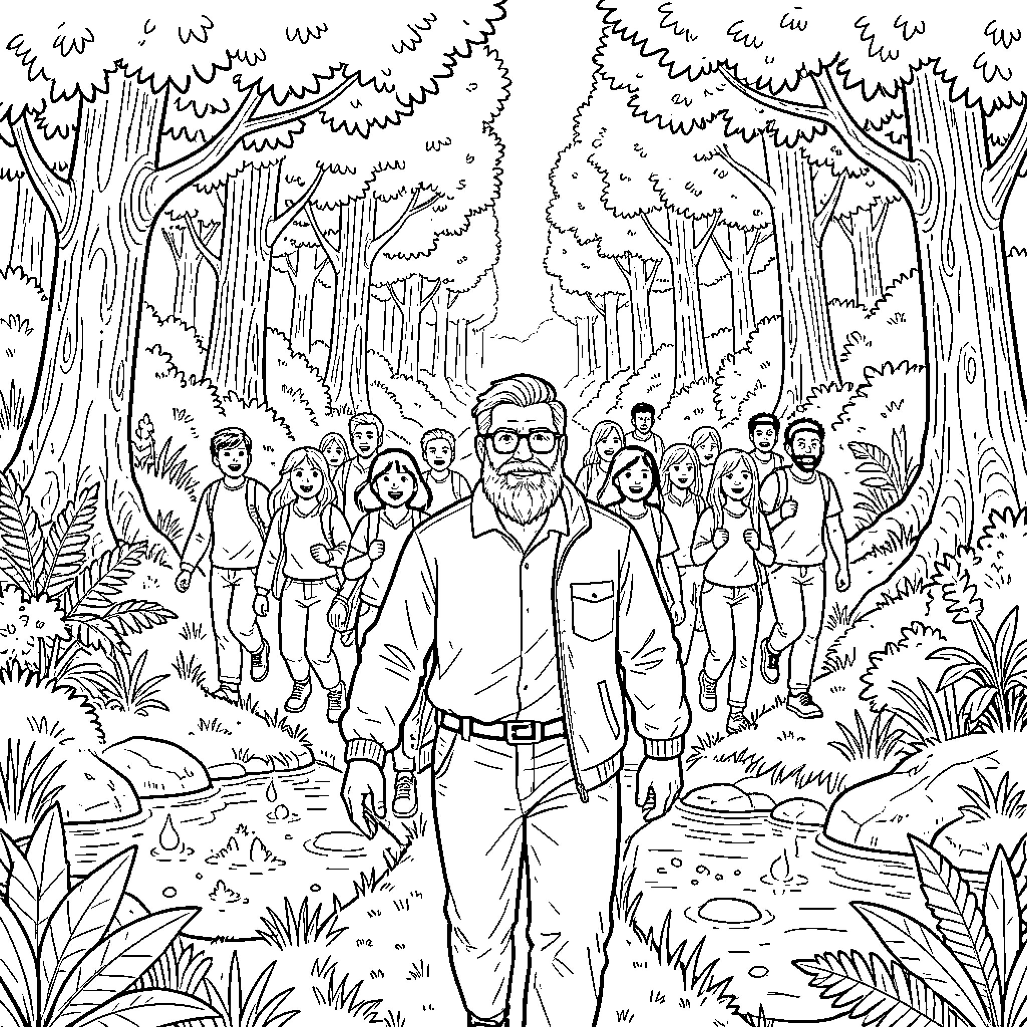 Man leading a group through the forest Coloring Page (free black-and-white line drawing printable PDF for all, from beginners to advanced learners, including children, teens, adults, and seniors)