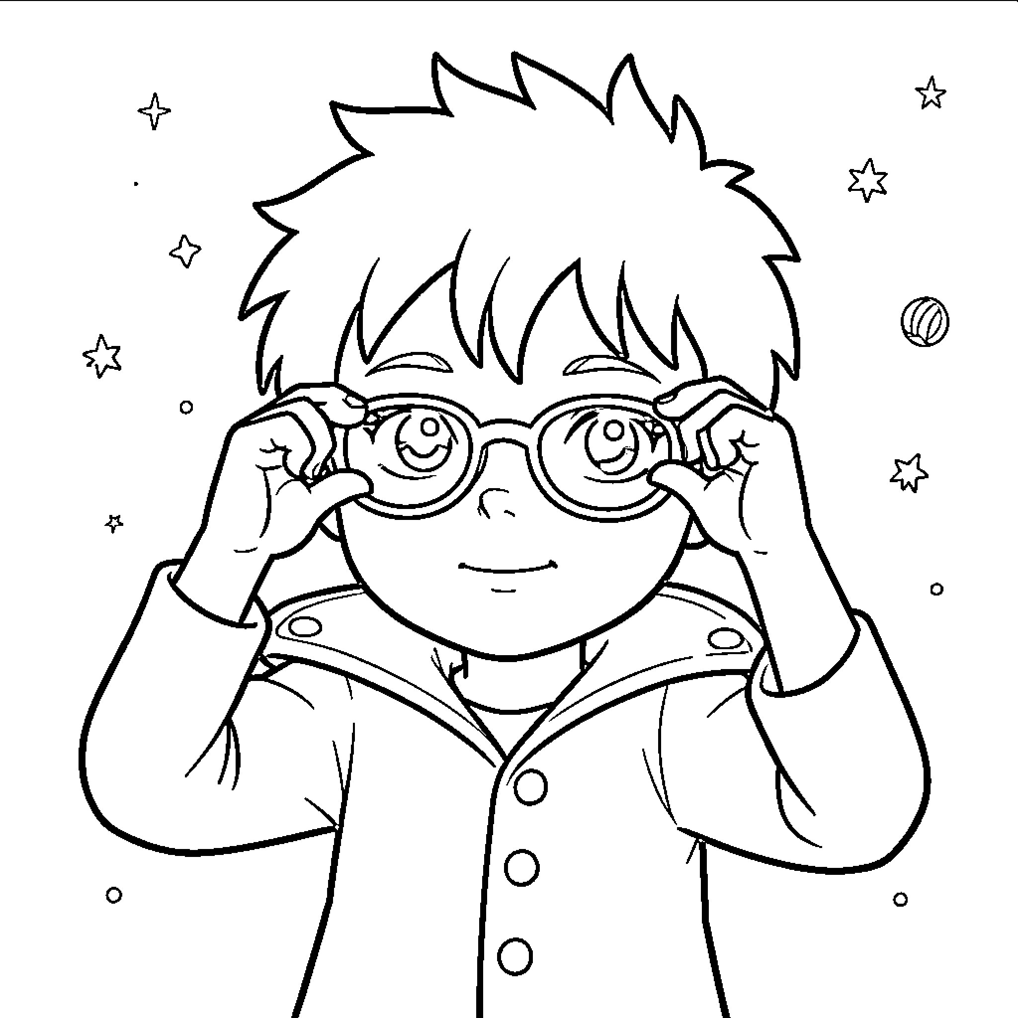 Prince adjusting his round glasses with a smile Coloring Page (free black-and-white line drawing printable PDF for all, from beginners to advanced learners, including children, teens, adults, and seniors)