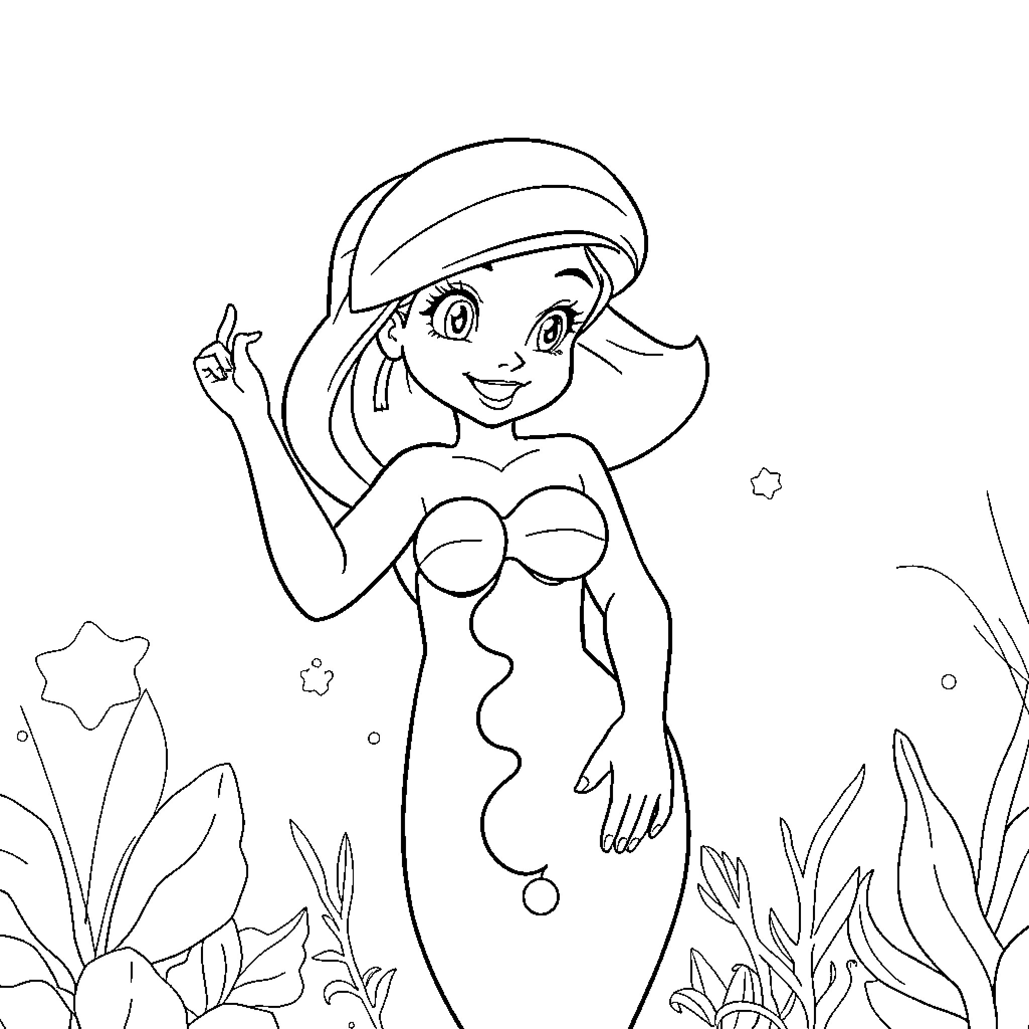 Ariel exploring the underwater world Coloring Page (free black-and-white line drawing printable PDF for all, from beginners to advanced learners, including children, teens, adults, and seniors)