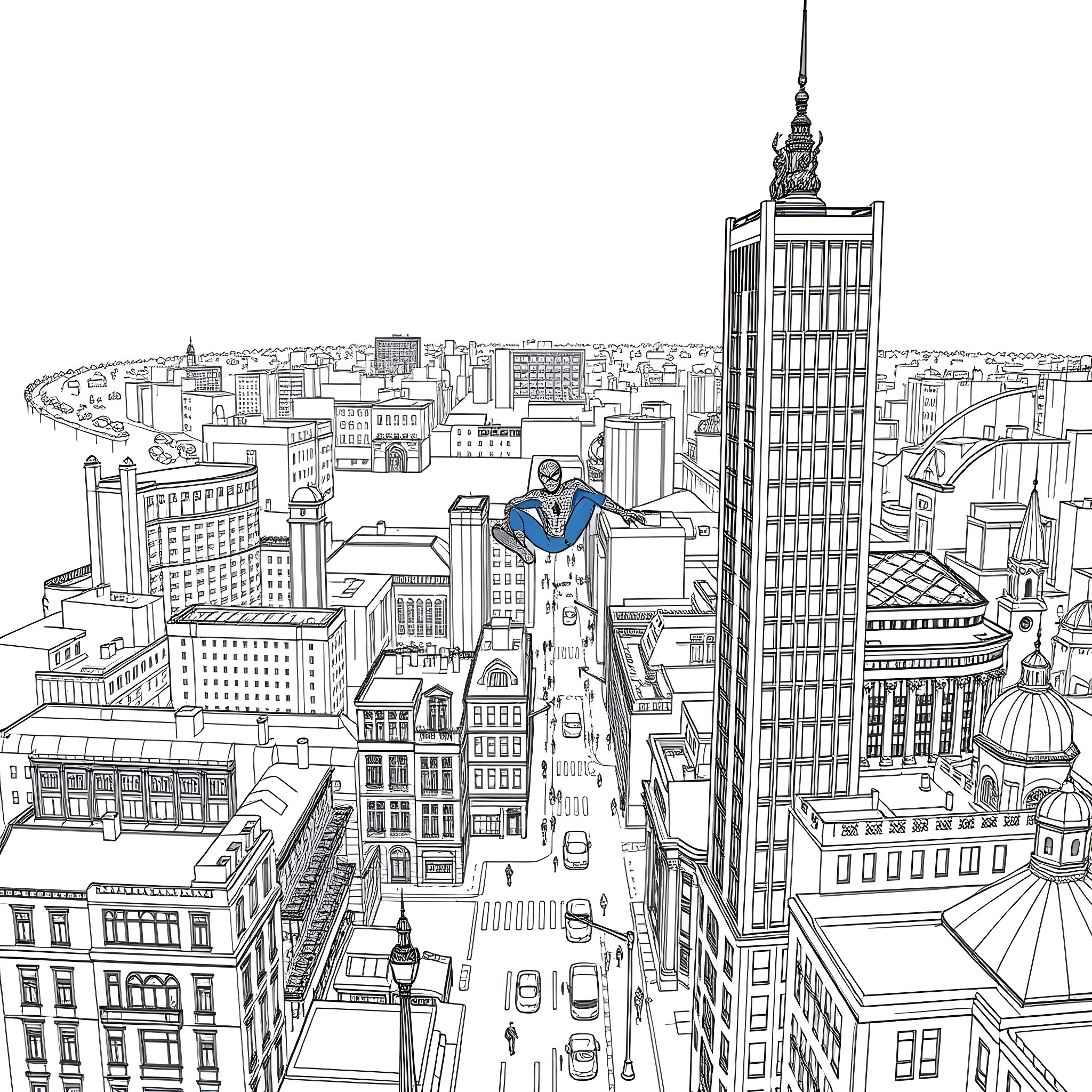 Spiderman swinging through the bustling city skyline Coloring Page (free black-and-white line drawing printable PDF for all, from beginners to advanced learners, including children, teens, adults, and seniors)