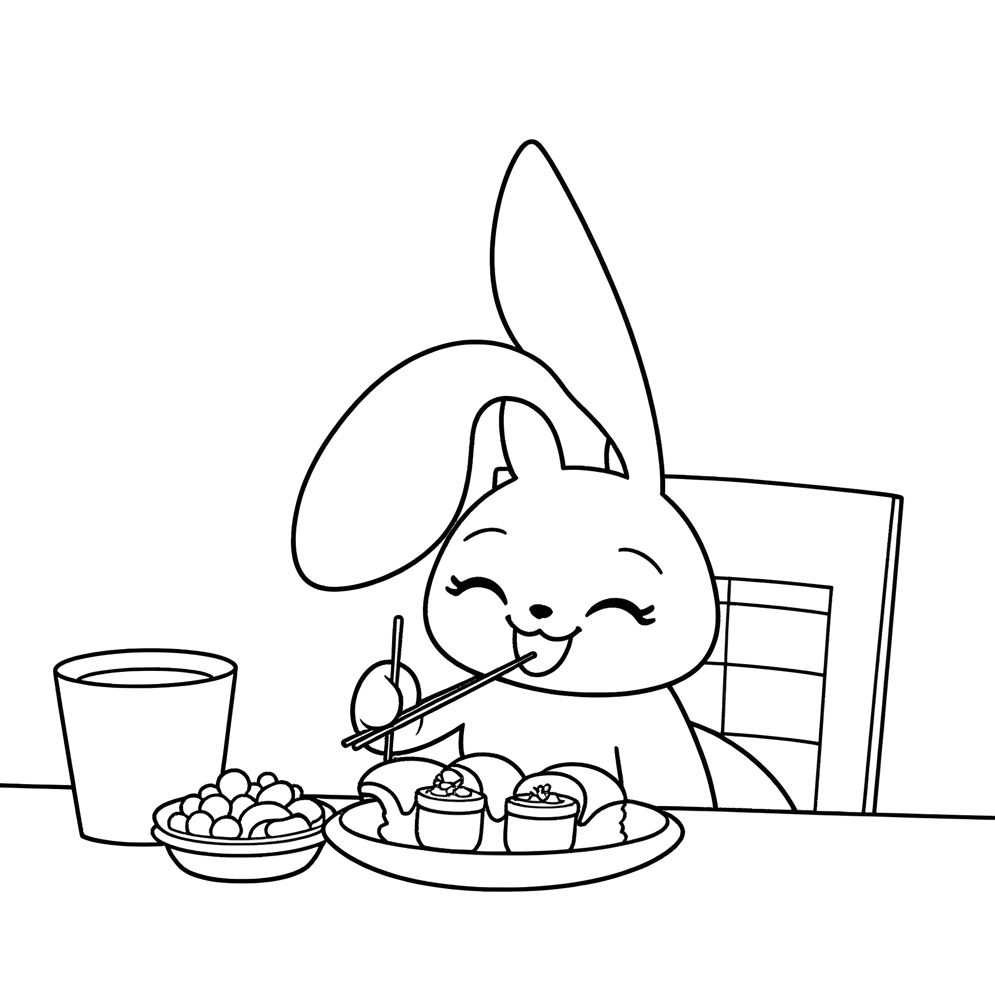 Bluey enjoying a tasty snack at home Coloring Page (free black-and-white line drawing printable PDF for all, from beginners to advanced learners, including children, teens, adults, and seniors)