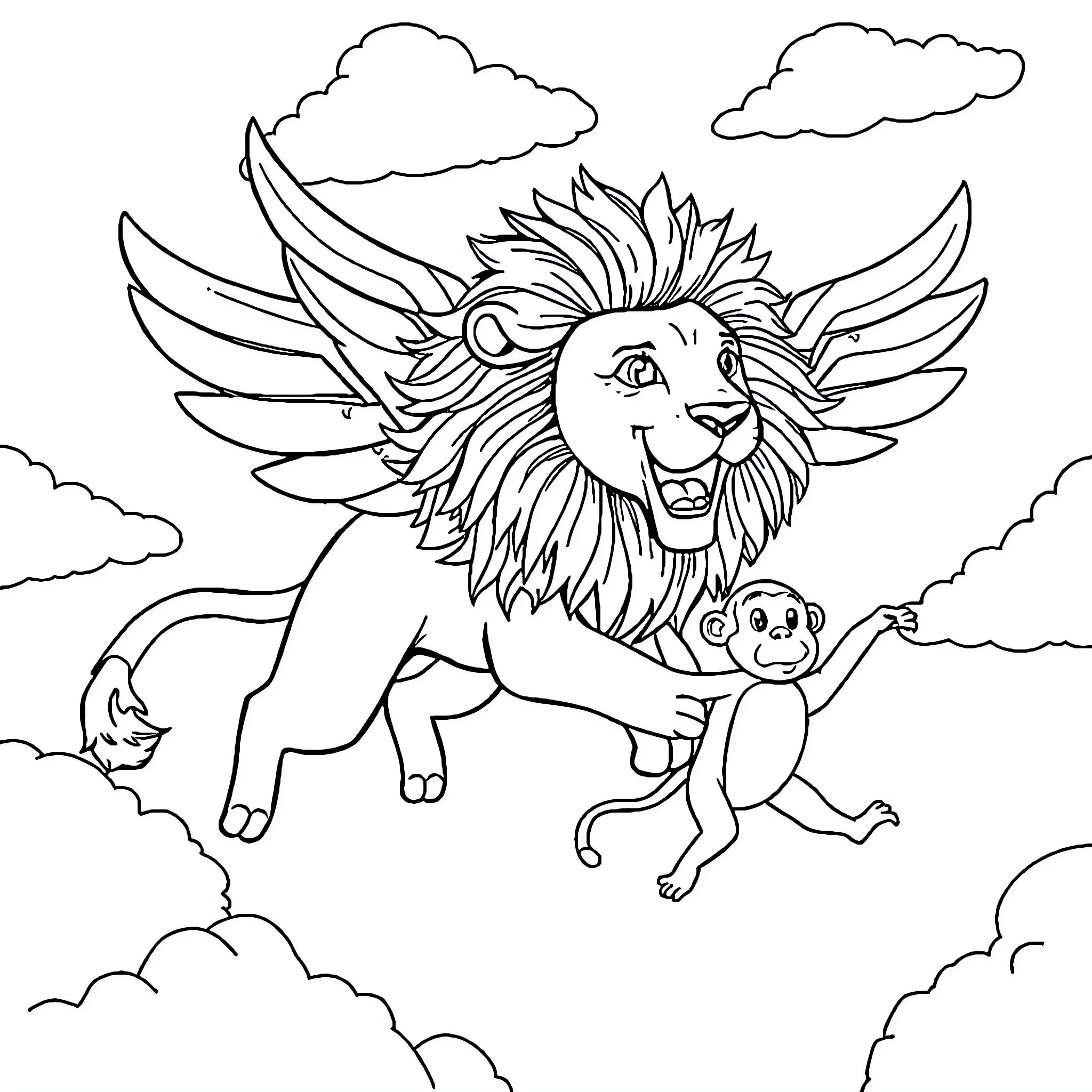 Lion with Winged Companion in Clouds Coloring Page (free black-and-white line drawing printable PDF for all, from beginners to advanced learners, including children, teens, adults, and seniors)