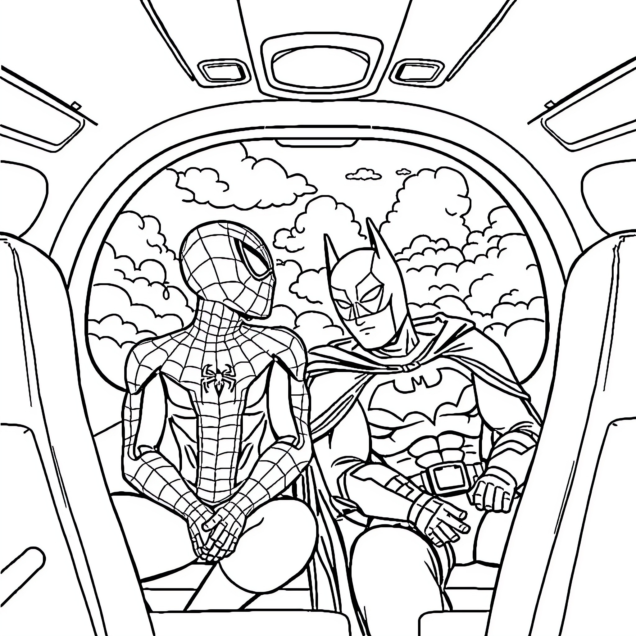 Spiderman and Batman in action-packed scene Coloring Page (free black-and-white line drawing printable PDF for all, from beginners to advanced learners, including children, teens, adults, and seniors)