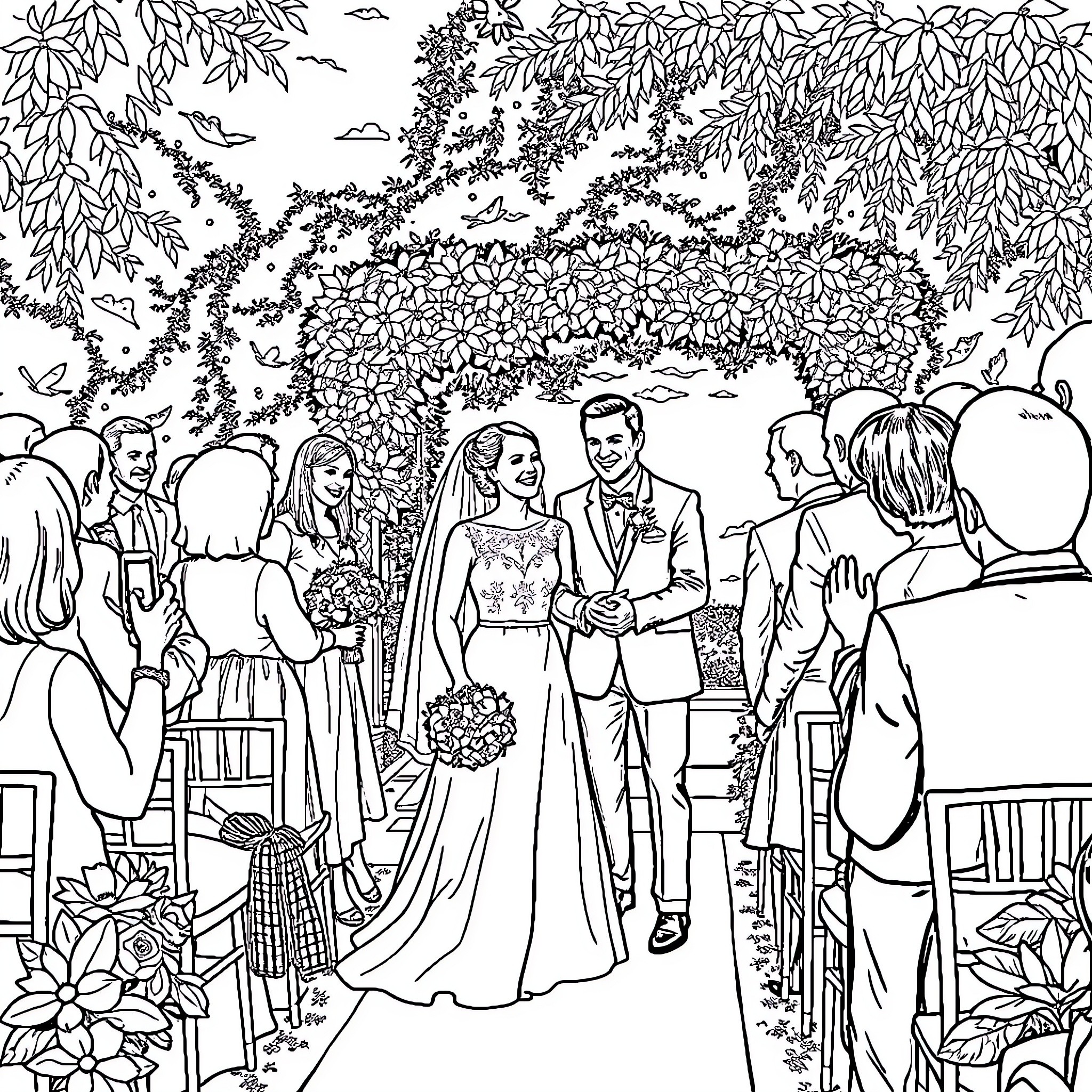 Wedding Ceremony with Bride and Groom in Floral Garden Coloring Page (free black-and-white line drawing printable PDF for all, from beginners to advanced learners, including children, teens, adults, and seniors)