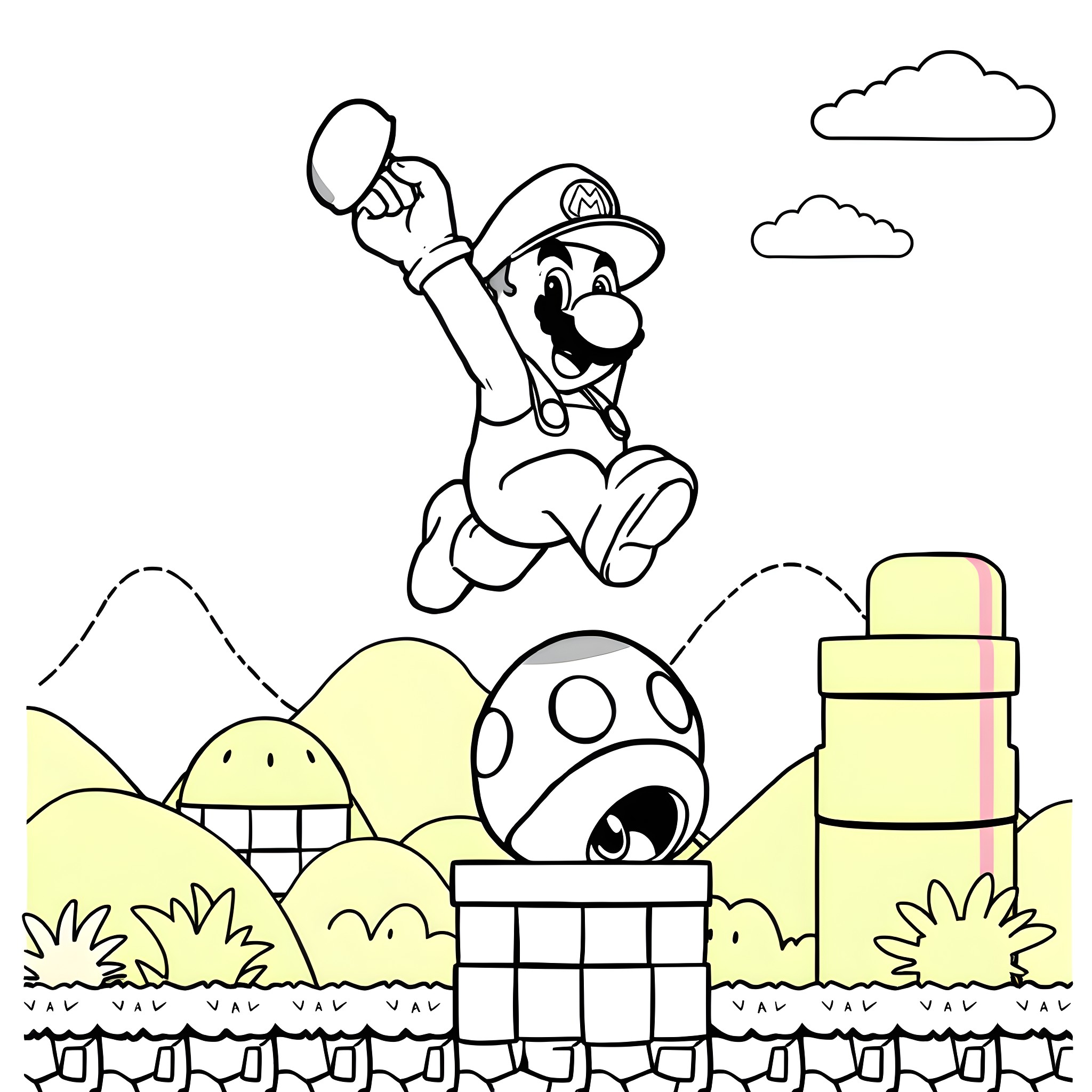Super Mario jumping with excitement in the Mushroom Kingdom Coloring Page (free black-and-white line drawing printable PDF for all, from beginners to advanced learners, including children, teens, adults, and seniors)