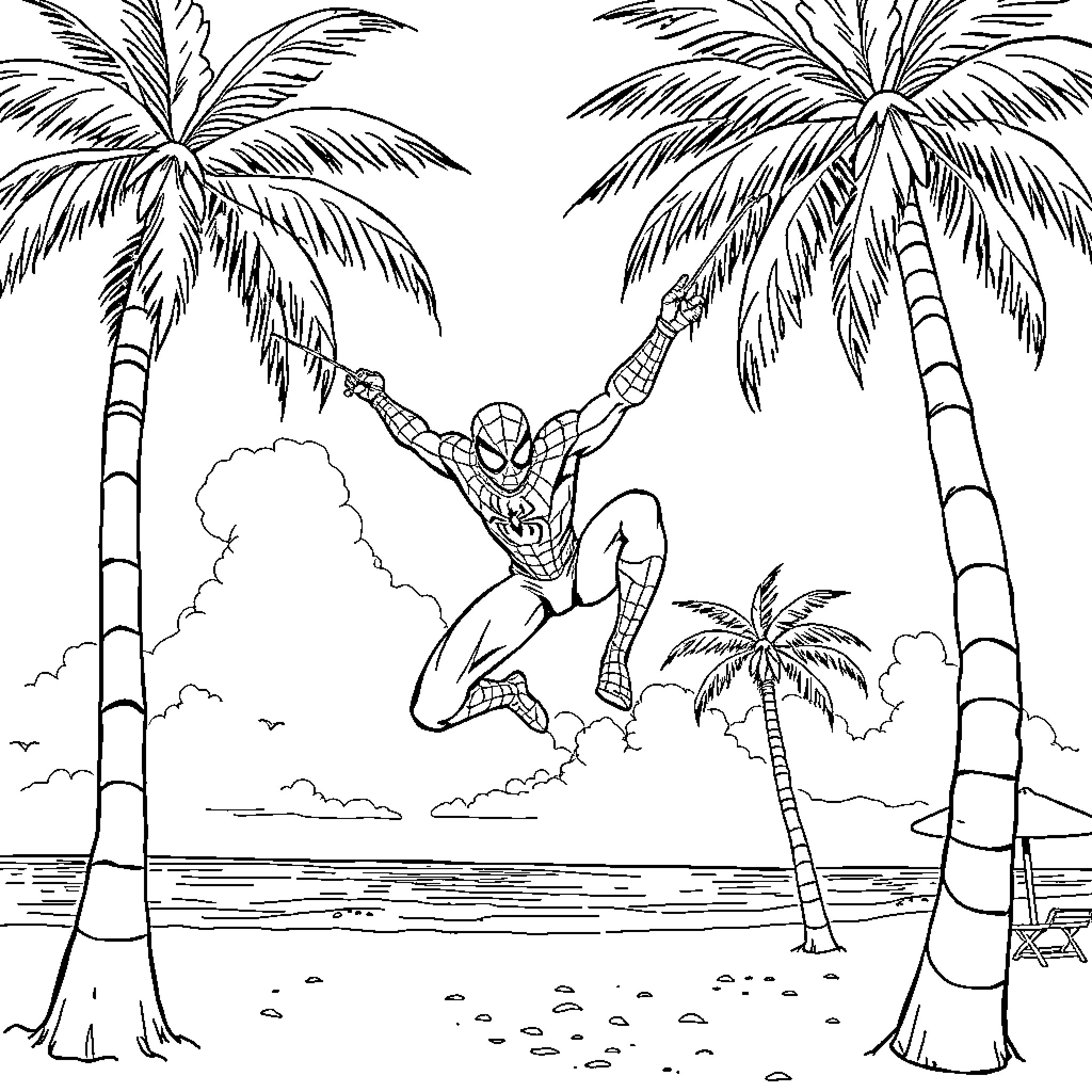 Spider-Man swinging through the tropical beach Coloring Page (free black-and-white line drawing printable PDF for all, from beginners to advanced learners, including children, teens, adults, and seniors)