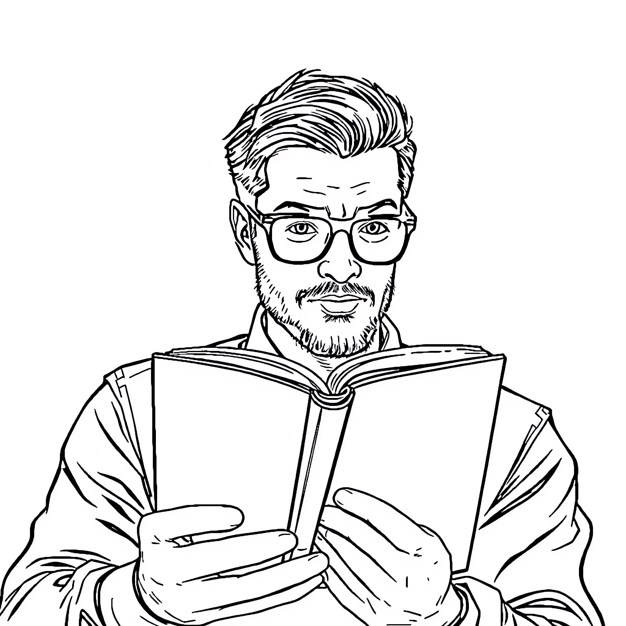 Man intently reading a book with focus Coloring Page (free black-and-white line drawing printable PDF for all, from beginners to advanced learners, including children, teens, adults, and seniors)