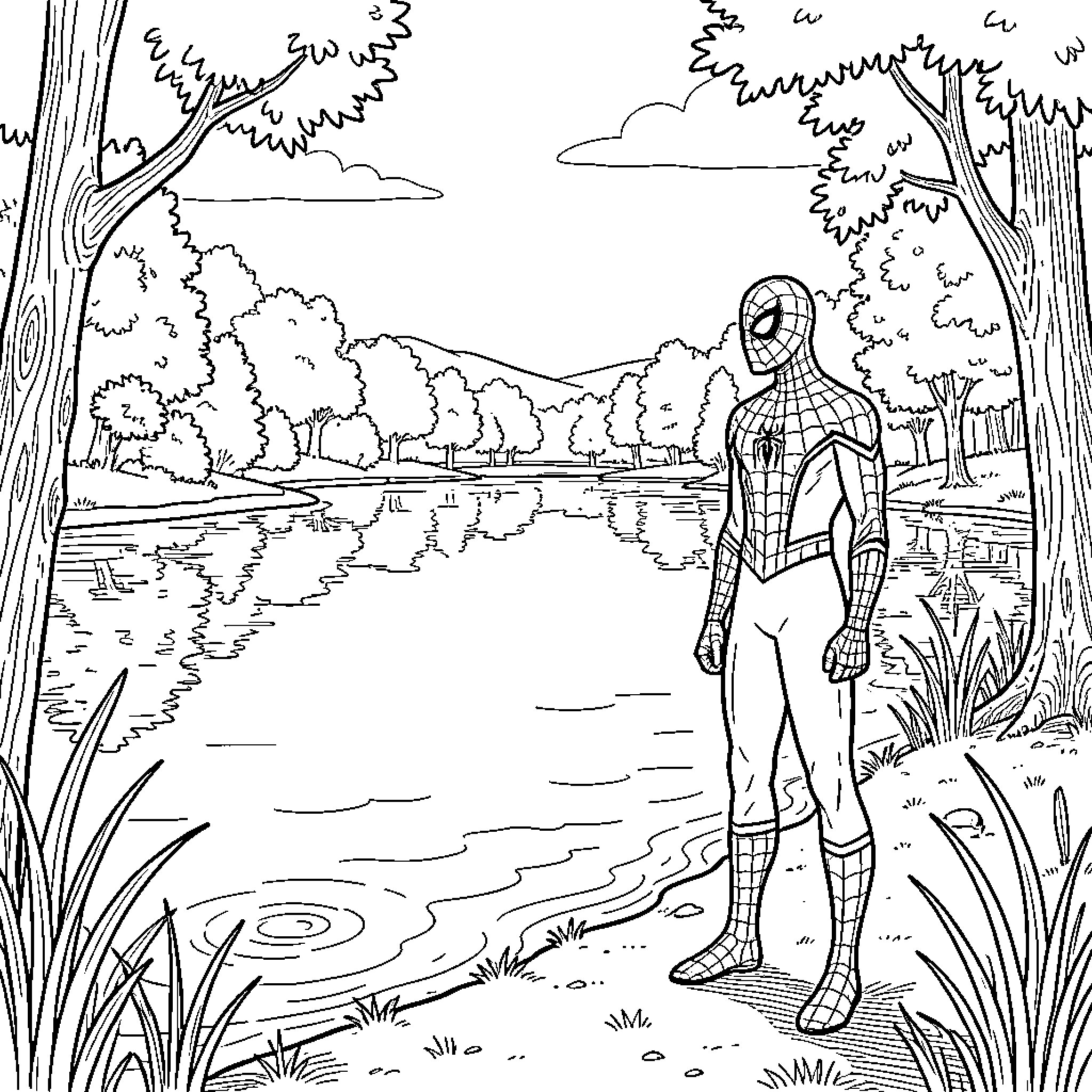 Spiderman standing thoughtfully by a peaceful lake Coloring Page (free black-and-white line drawing printable PDF for all, from beginners to advanced learners, including children, teens, adults, and seniors)