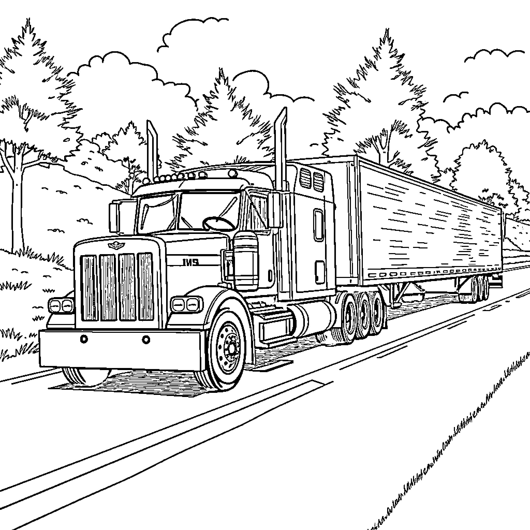 Mack Truck transporting cargo through forest landscape Coloring Page (free black-and-white line drawing printable PDF for all, from beginners to advanced learners, including children, teens, adults, and seniors)
