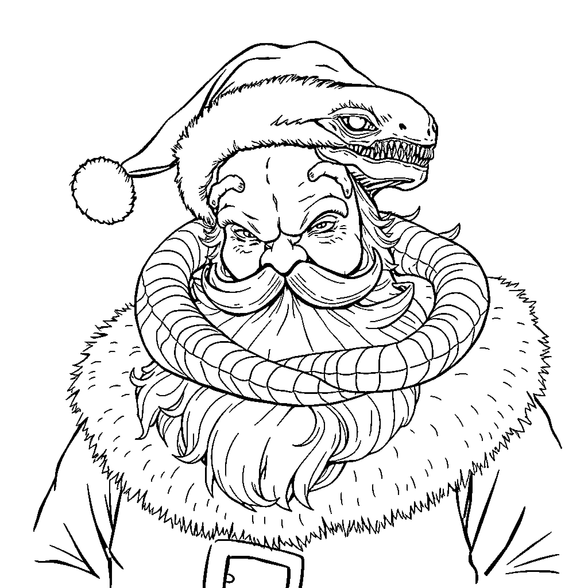 Santa with a Monstrous Appearance Coloring Page (free black-and-white line drawing printable PDF for all, from beginners to advanced learners, including children, teens, adults, and seniors)